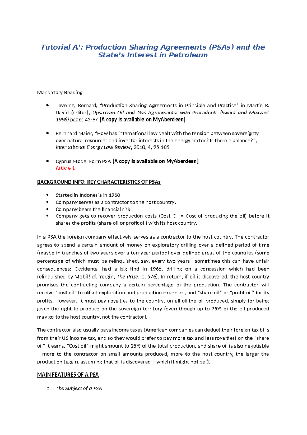 Tutorial A Notes - Tutorial Α’: Production Sharing Agreements (PSAs ...