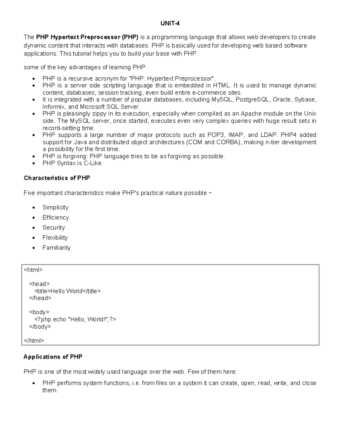 Unit-4 - It's a good note - UNIT- The PHP Hypertext Preprocessor (PHP ...