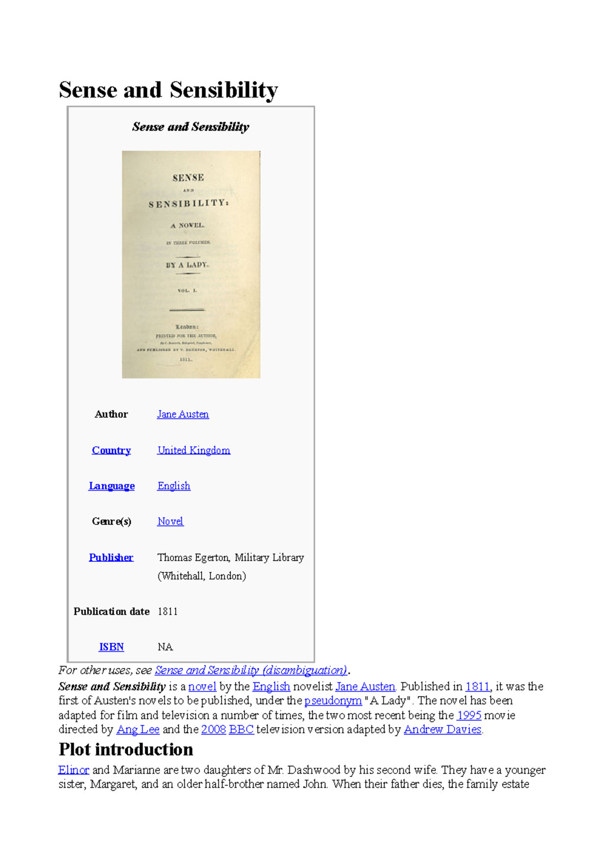 Sense and sensibility Summary Westminster Studocu