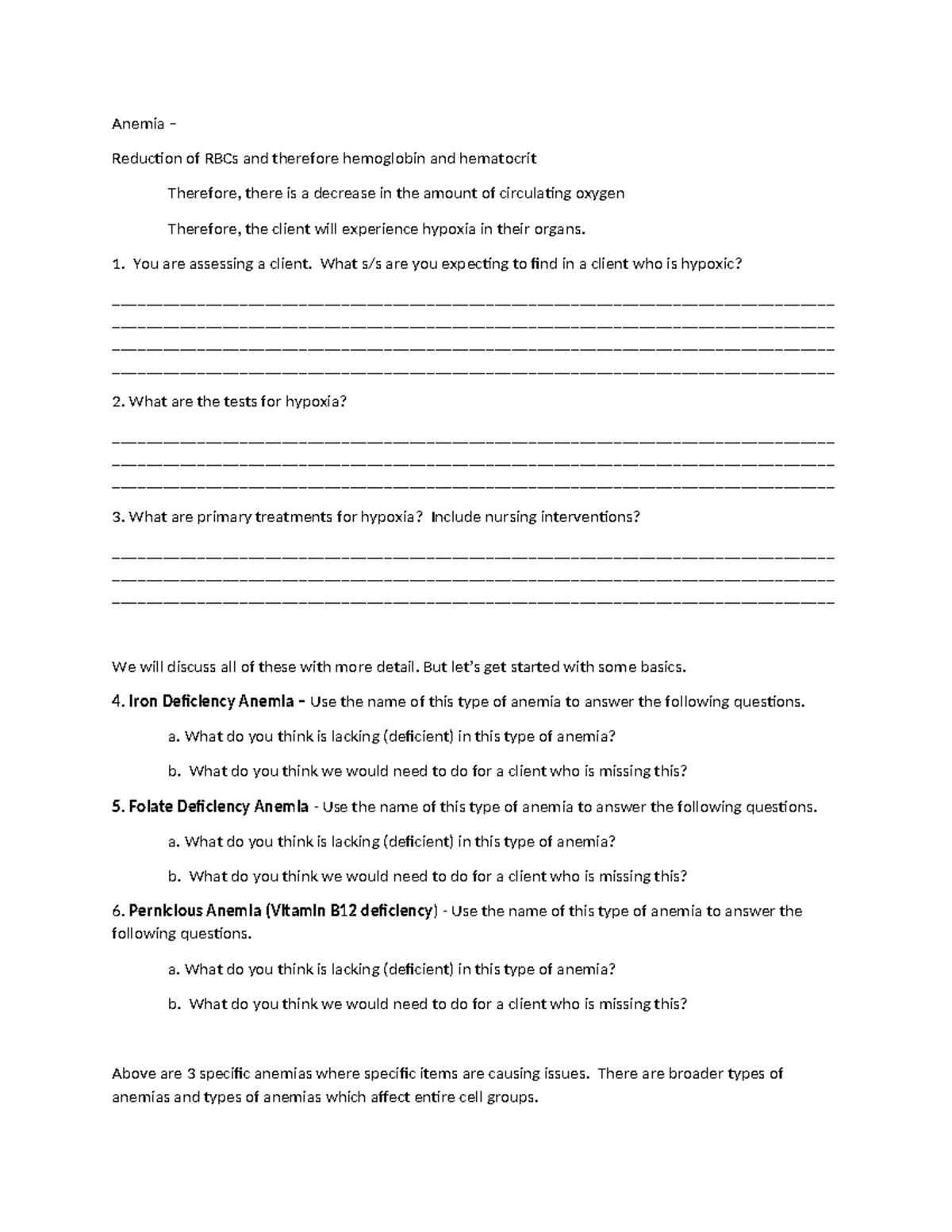 In+class+activity+-+anemias - Anemia – Reduction of RBCs and therefore ...