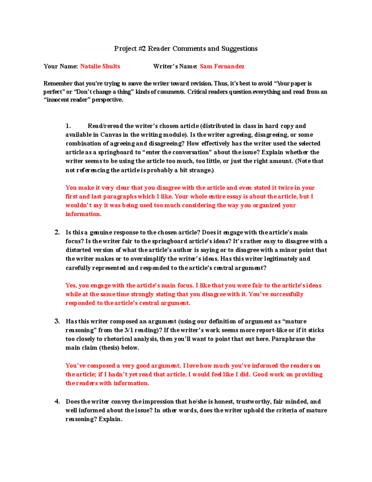 RCS Sam - Readers Comment and Suggestions - Project #2 Reader Comments ...