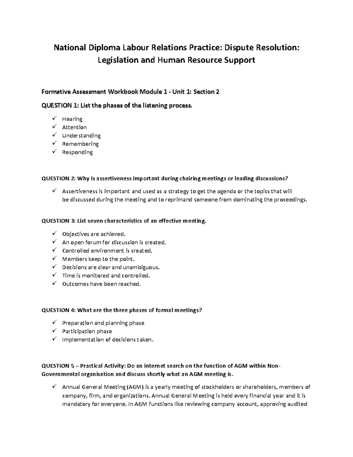 Formative Assessment Module 1 Unit 1 Section 2 National Diploma