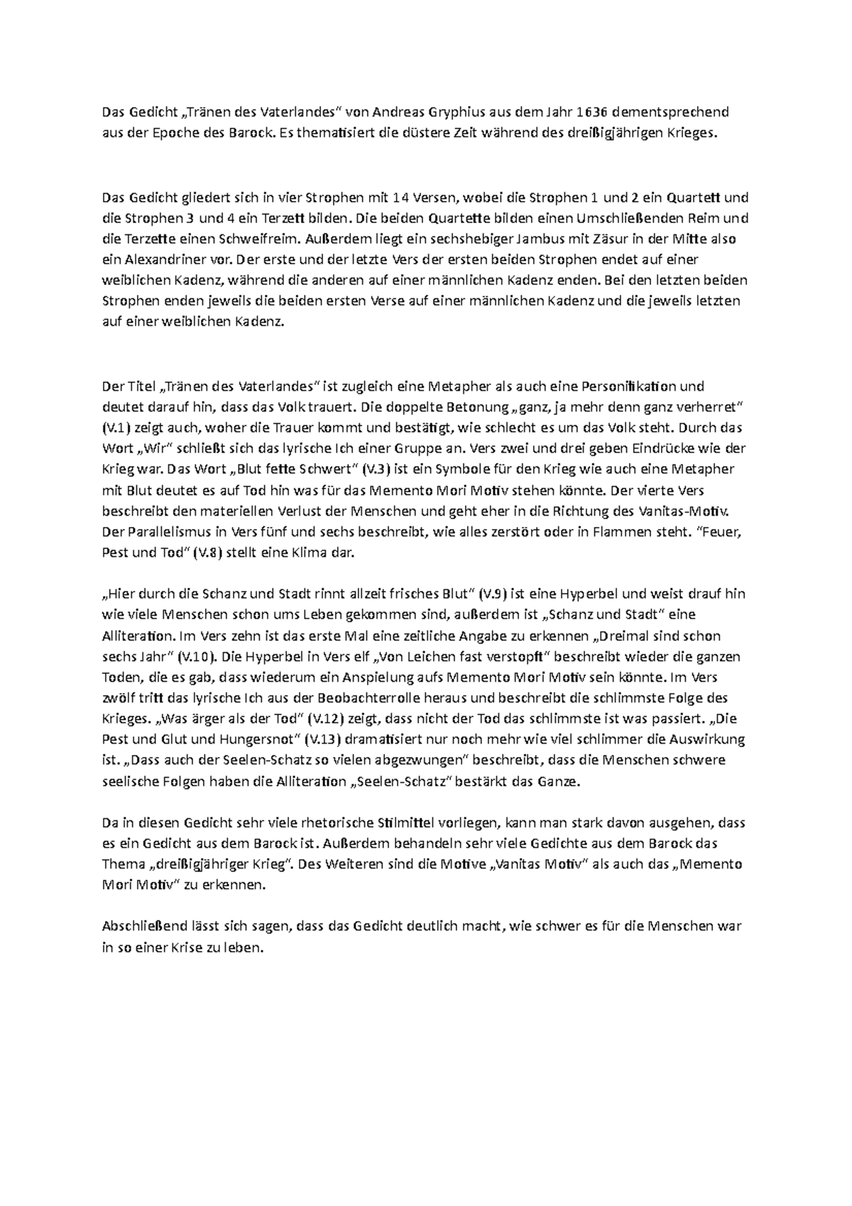 Tränen Des Vaterlandes Gedicht Tränen des Vaterlandes Gedichtsinterpretation - Das Gedicht „Tränen des