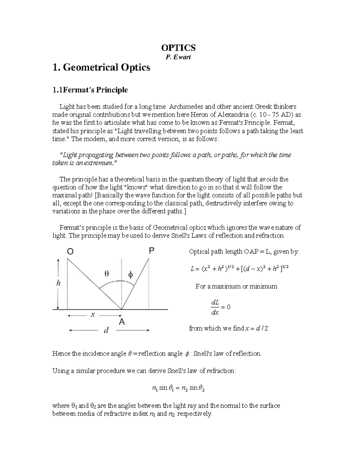 Geometric optics - Tutorial notes - OPTICS P. Ewart 1. Geometrical ...