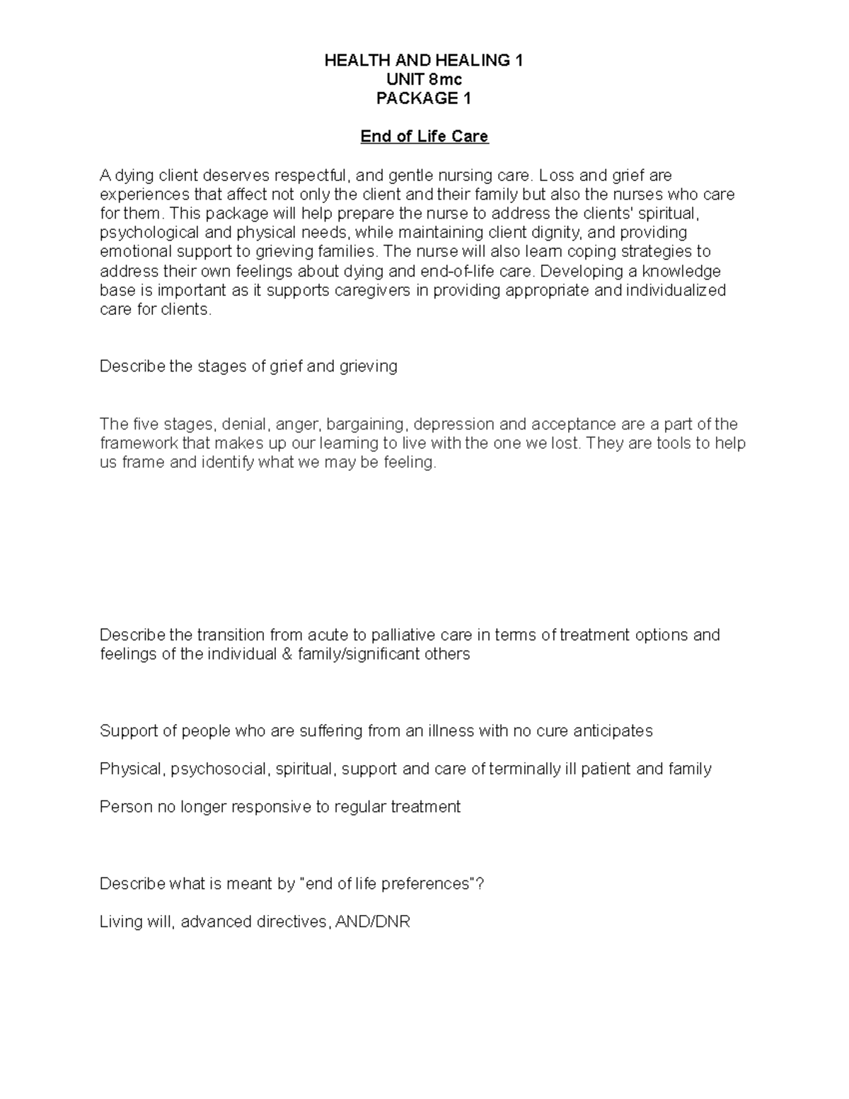 H&H 1 U8 P1 End of Life Care - HEALTH AND HEALING 1 UNIT 8mc PACKAGE 1 ...