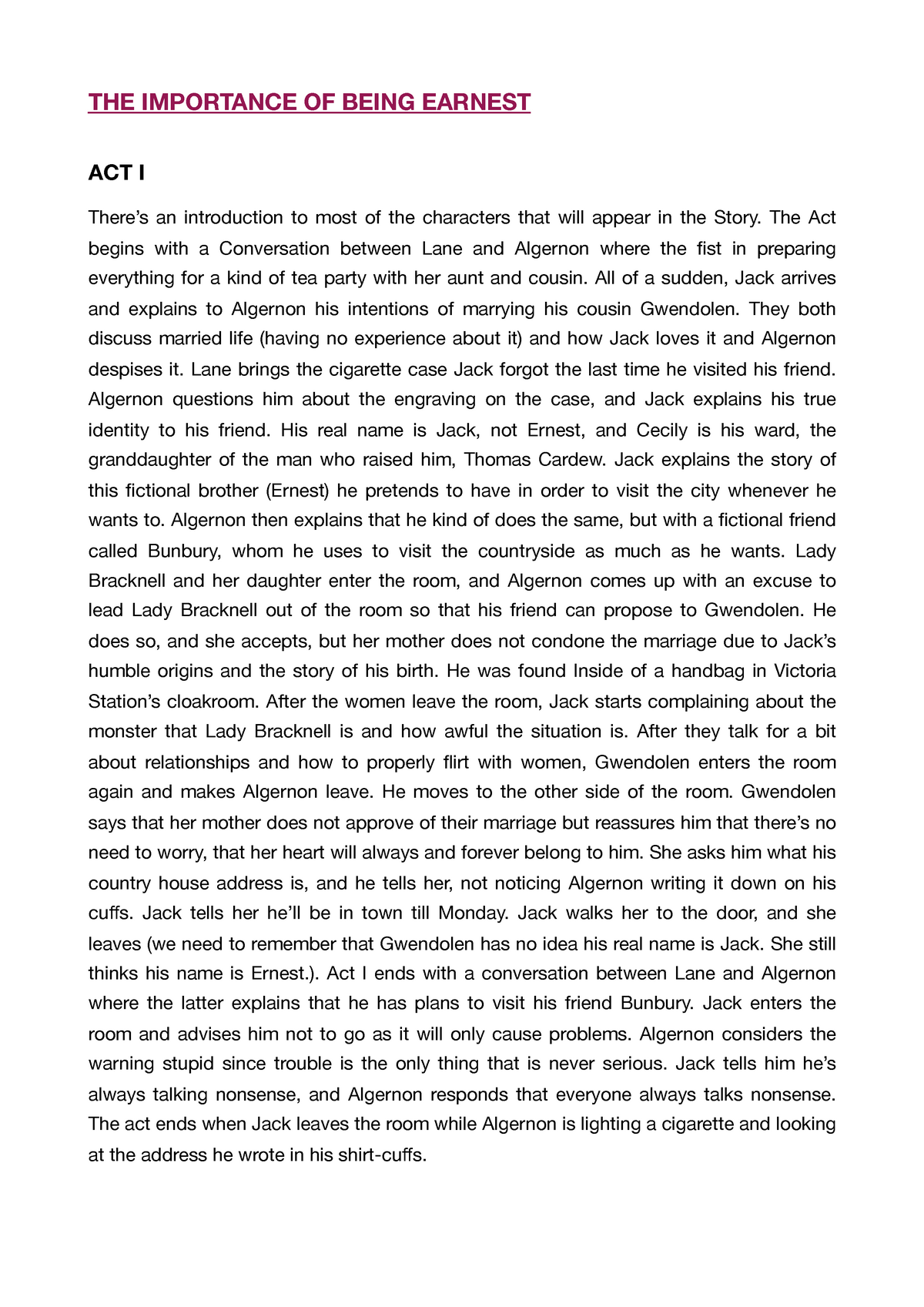 the importance of being earnest summary essay