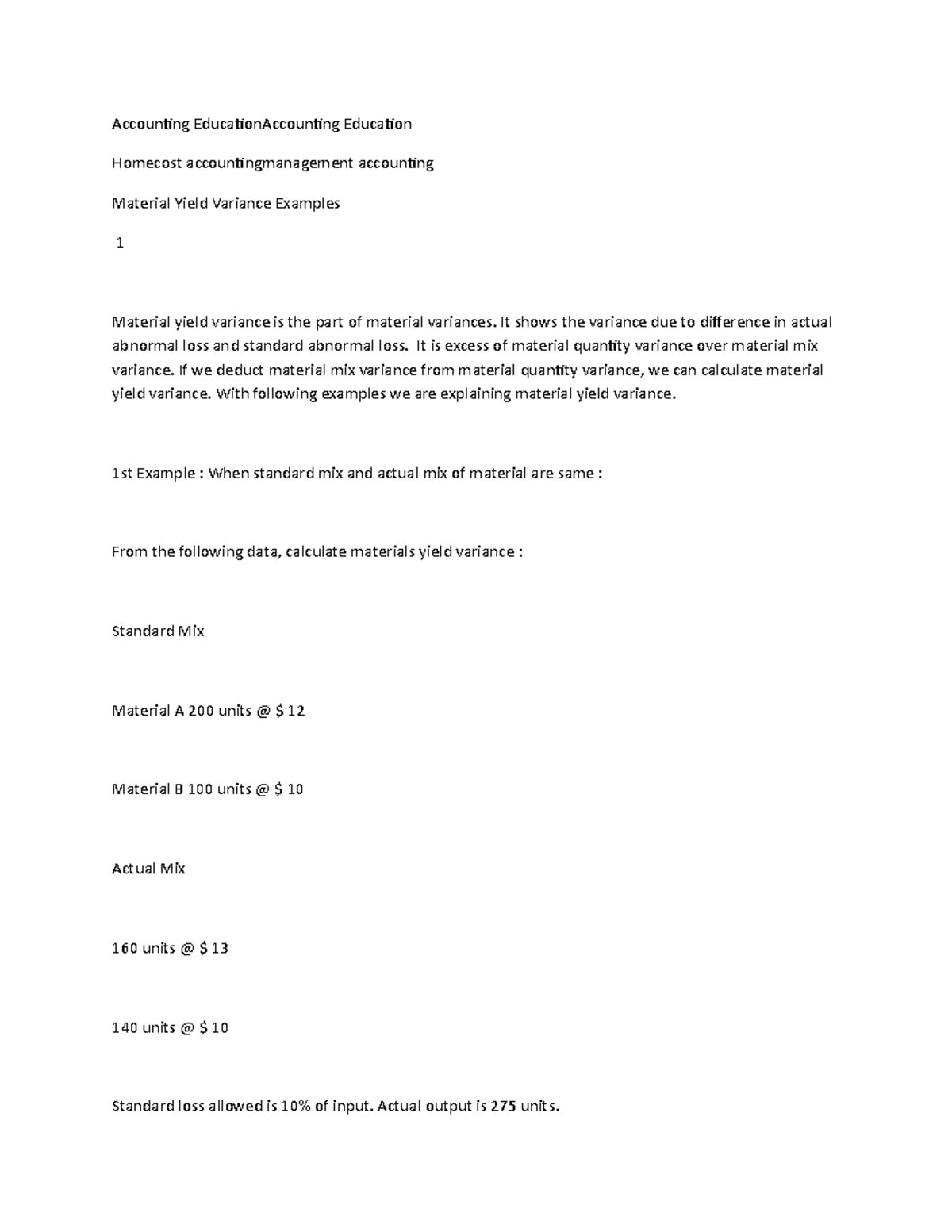 Material yield - Assignment - Accounting EducationAccounting ...