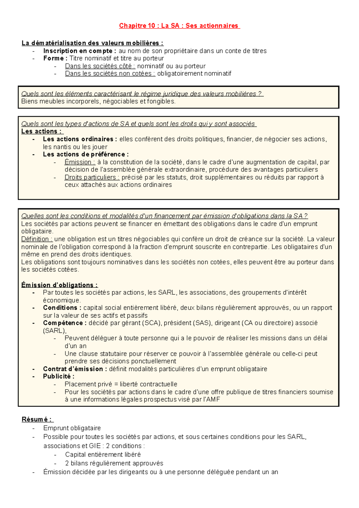 Fiche Chap 10 - Chapitre 10 : La SA : Ses actionnaires La ...