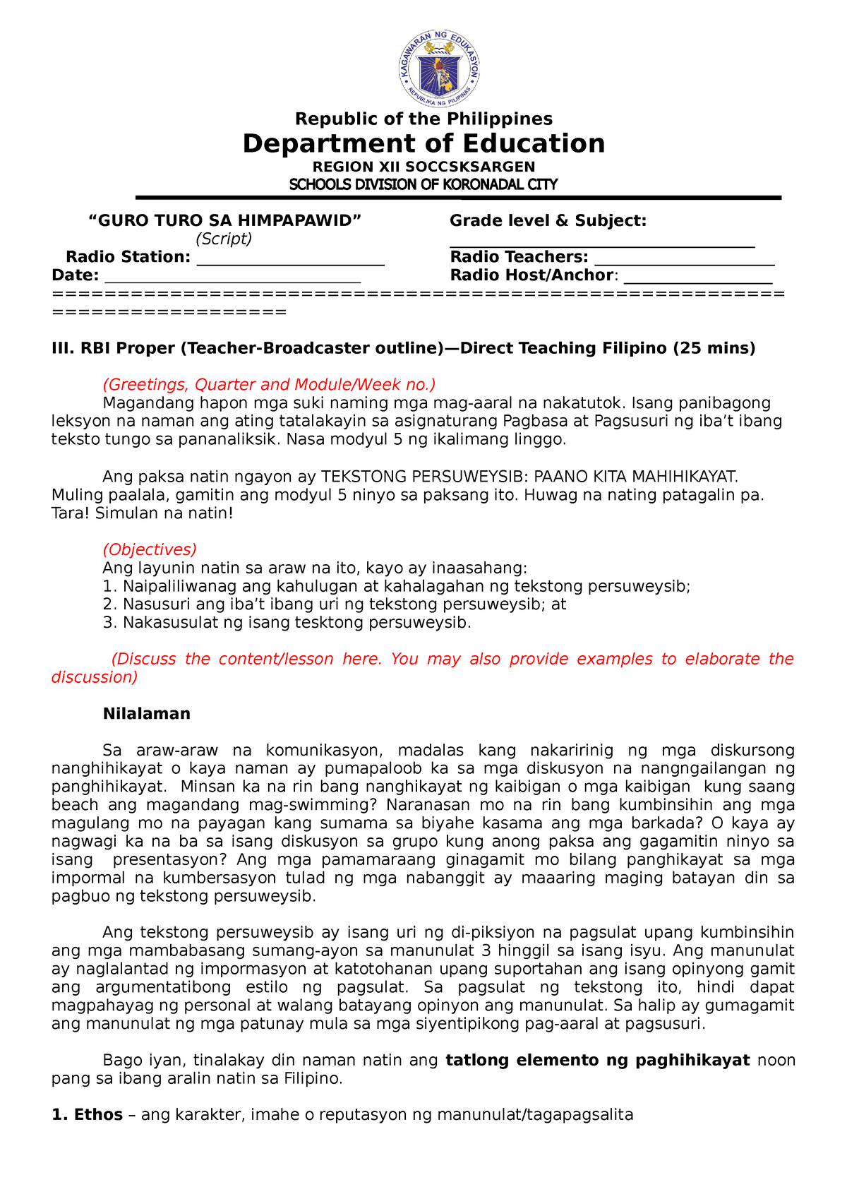 Pagbasa Module 5 Republic Of The Philippines Department Of Education Region Xii Soccsksargen 2752