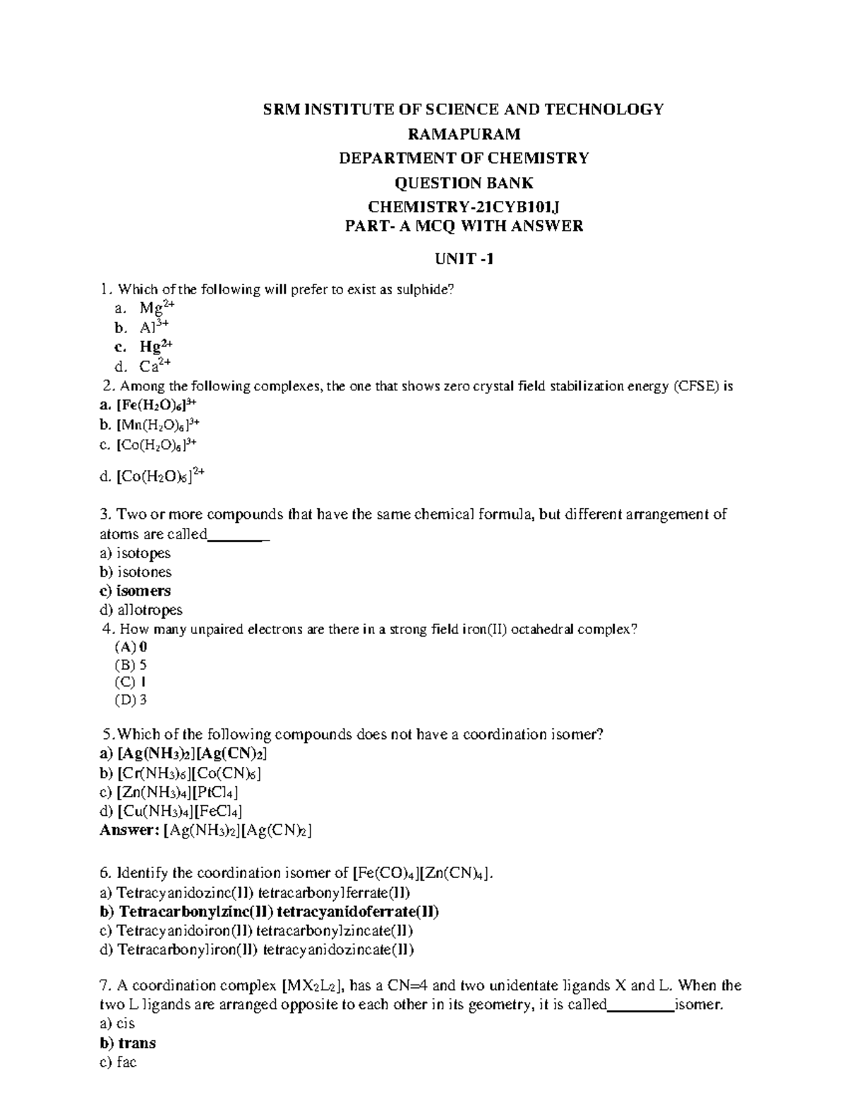 21CYB101J(Chemistry)-Unit-1-Question Bank - SRM INSTITUTE OF SCIENCE ...