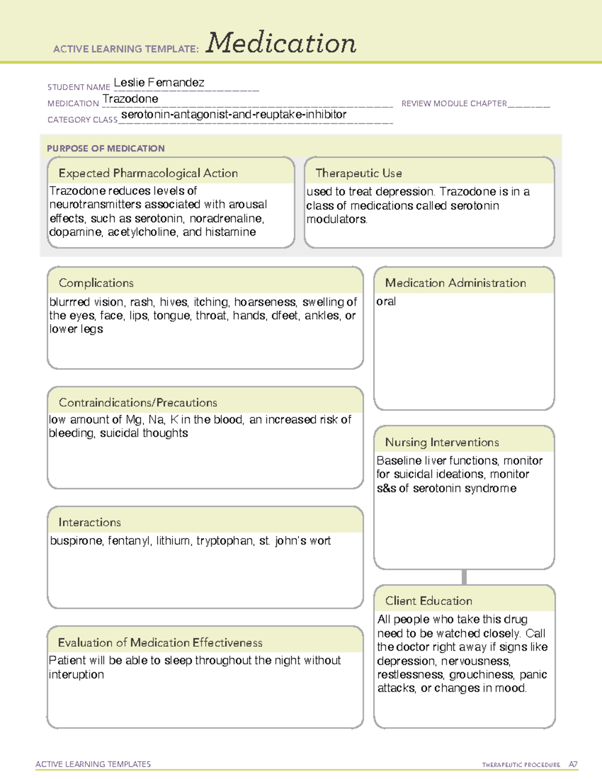 Trazodone- Leslie F - medication sheet - ACTIVE LEARNING TEMPLATES ...