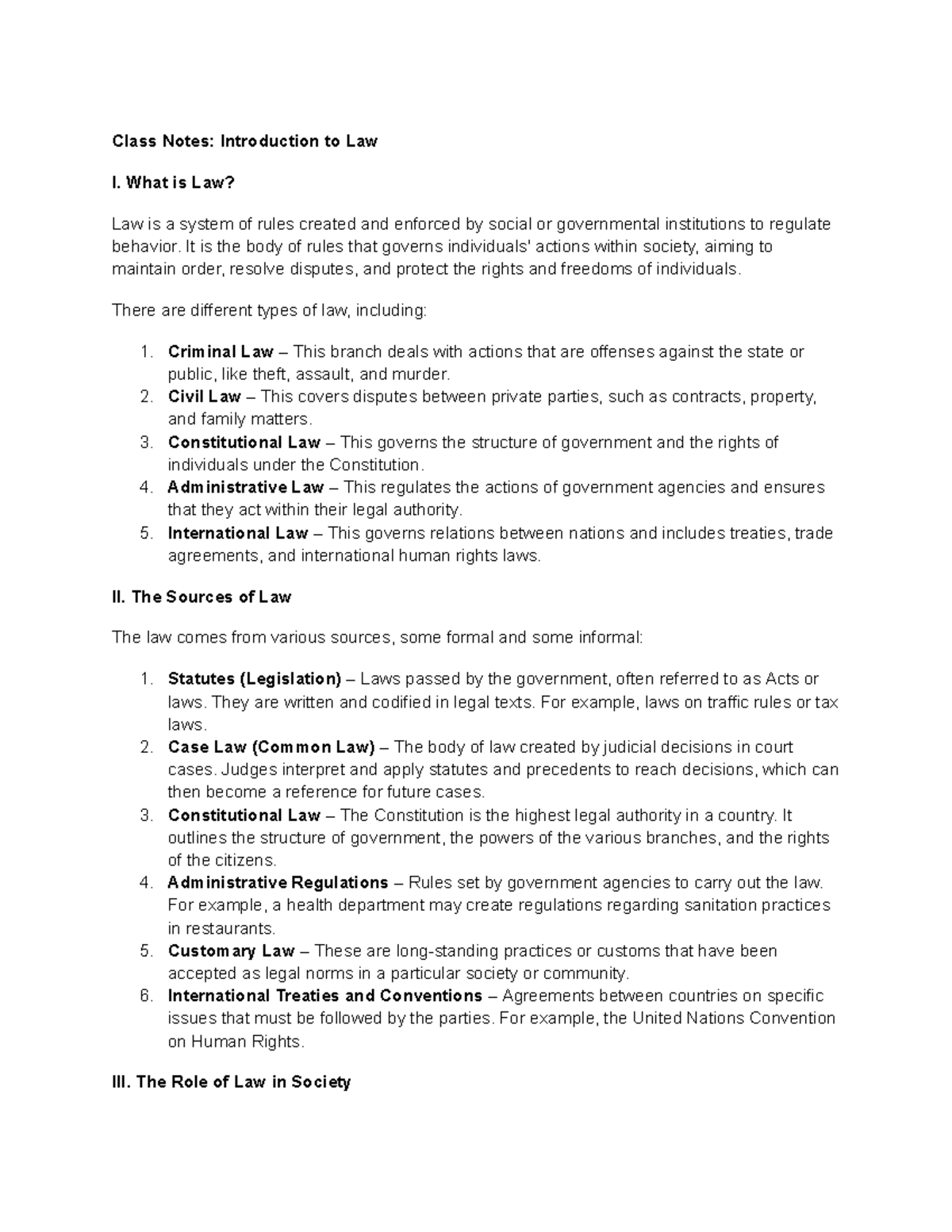 Law notes 11 01 - Class Notes: Introduction to Law I. What is Law? Law ...