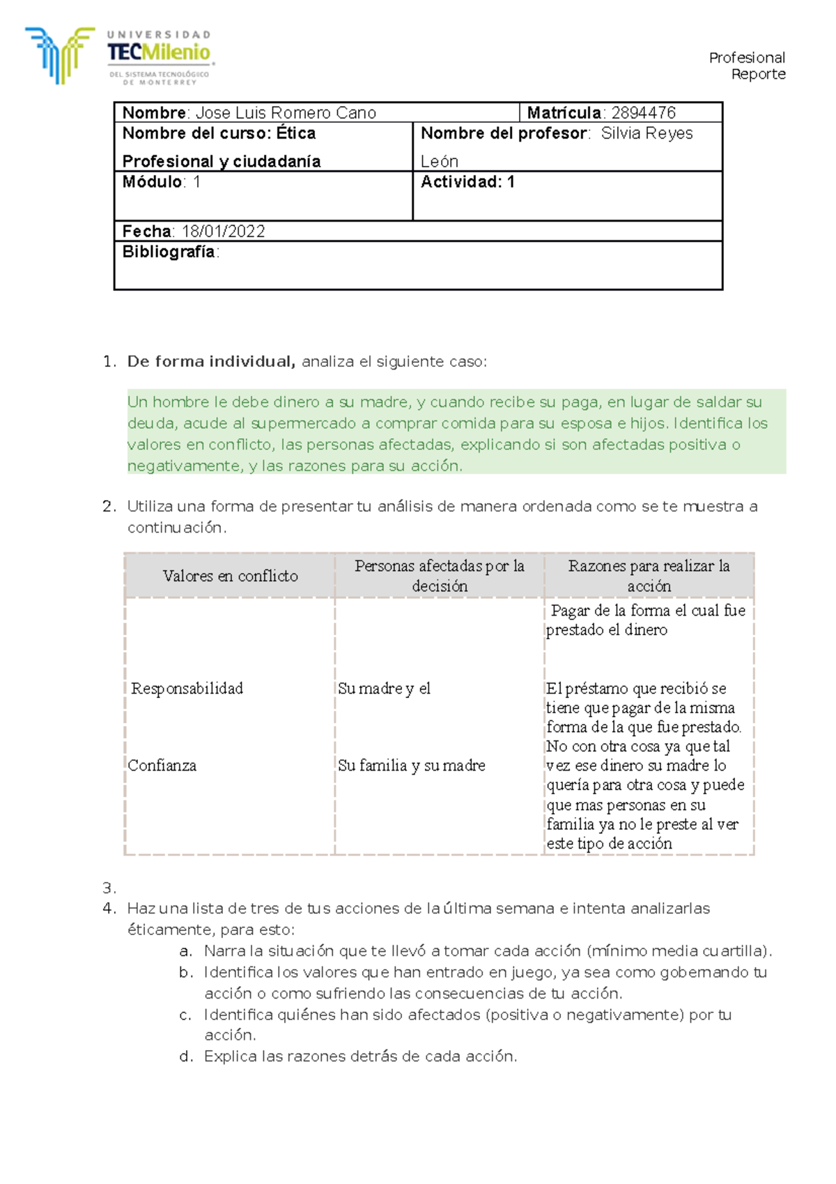 Etica Profesional y ciudadania Actividad 1 - Profesional Reporte Nombre ...