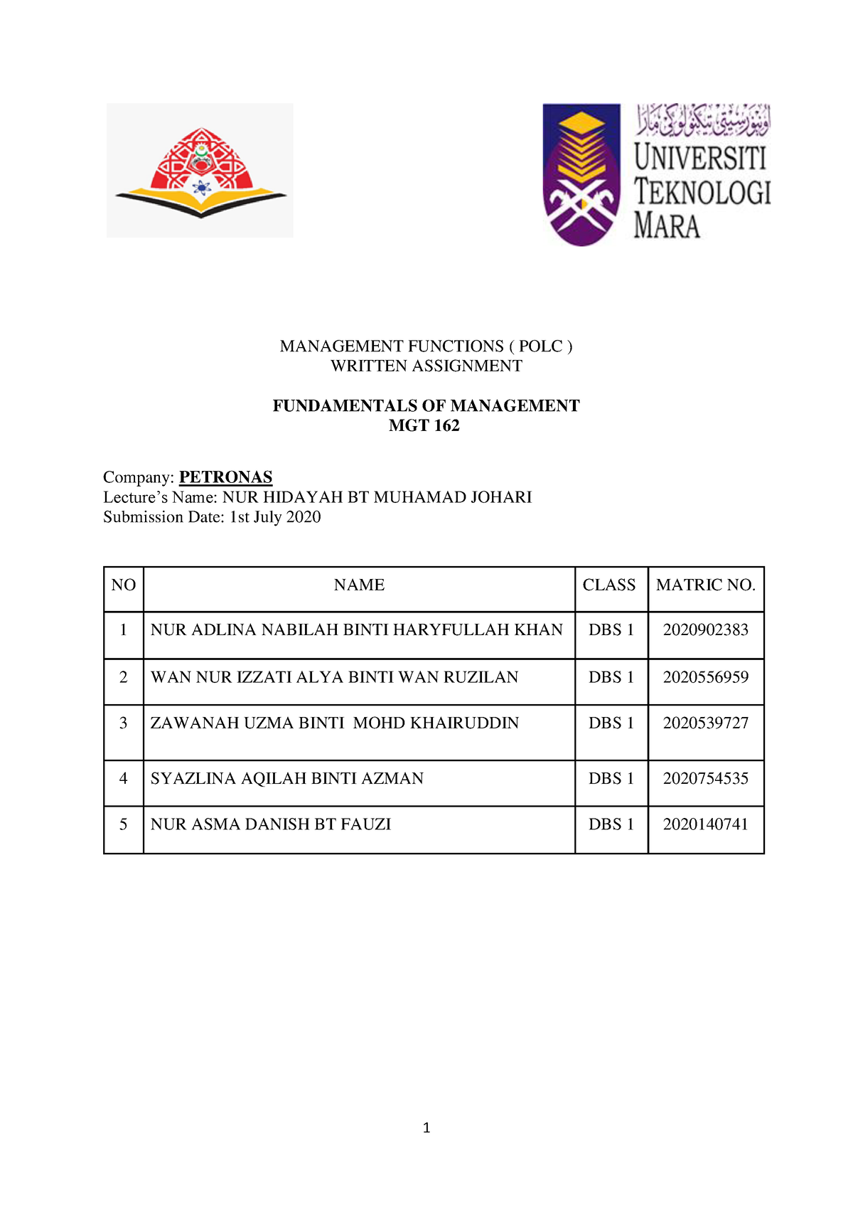 petronas assignment conclusion