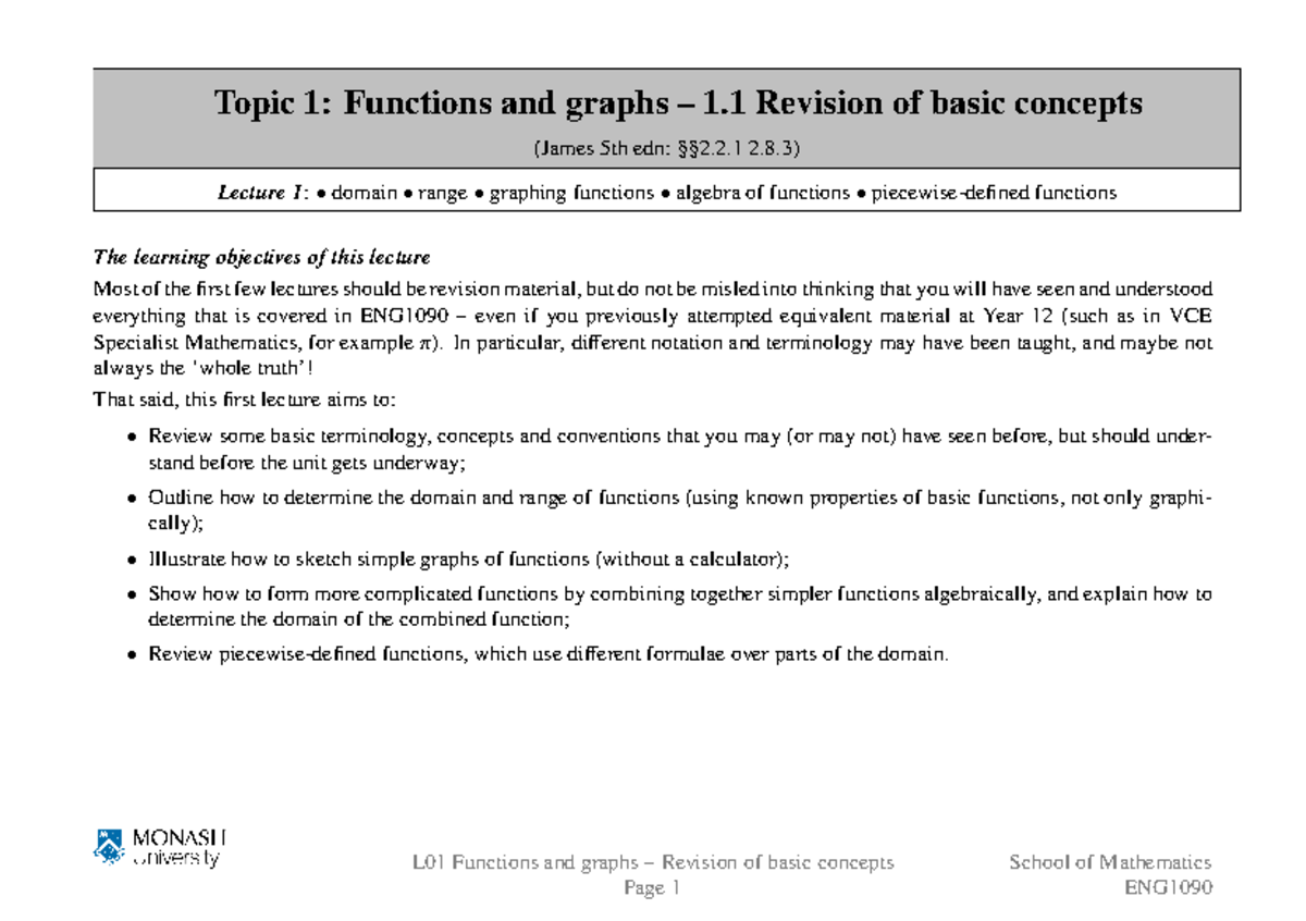 Lecture 1 Fill-in Notes - Topic 1: Functions and graphs – 1 Revision of ...