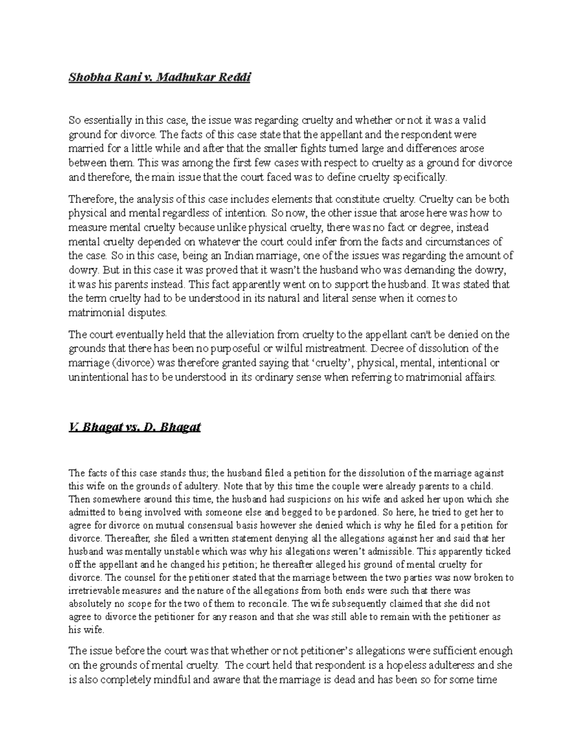 Family Law Case analysis. Shobha Rani v. Madhukar Reddi So