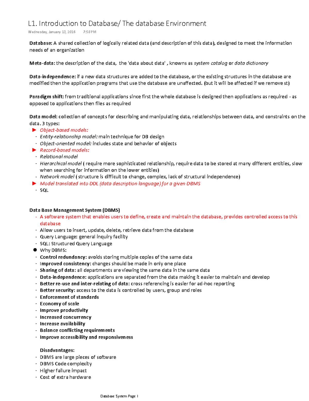 Summary - lecture 5-10 - L1. Introduction to The database Environment ...