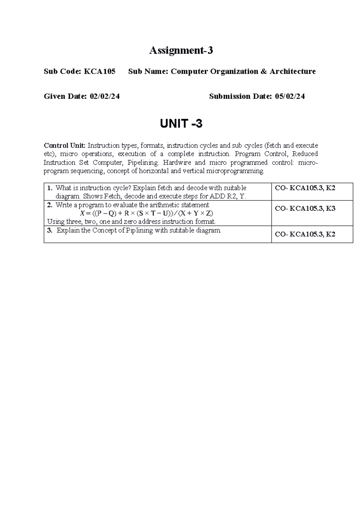 Assignment-3 - juhyuyg - Assignment- Sub Code: KCA105 Sub Name ...
