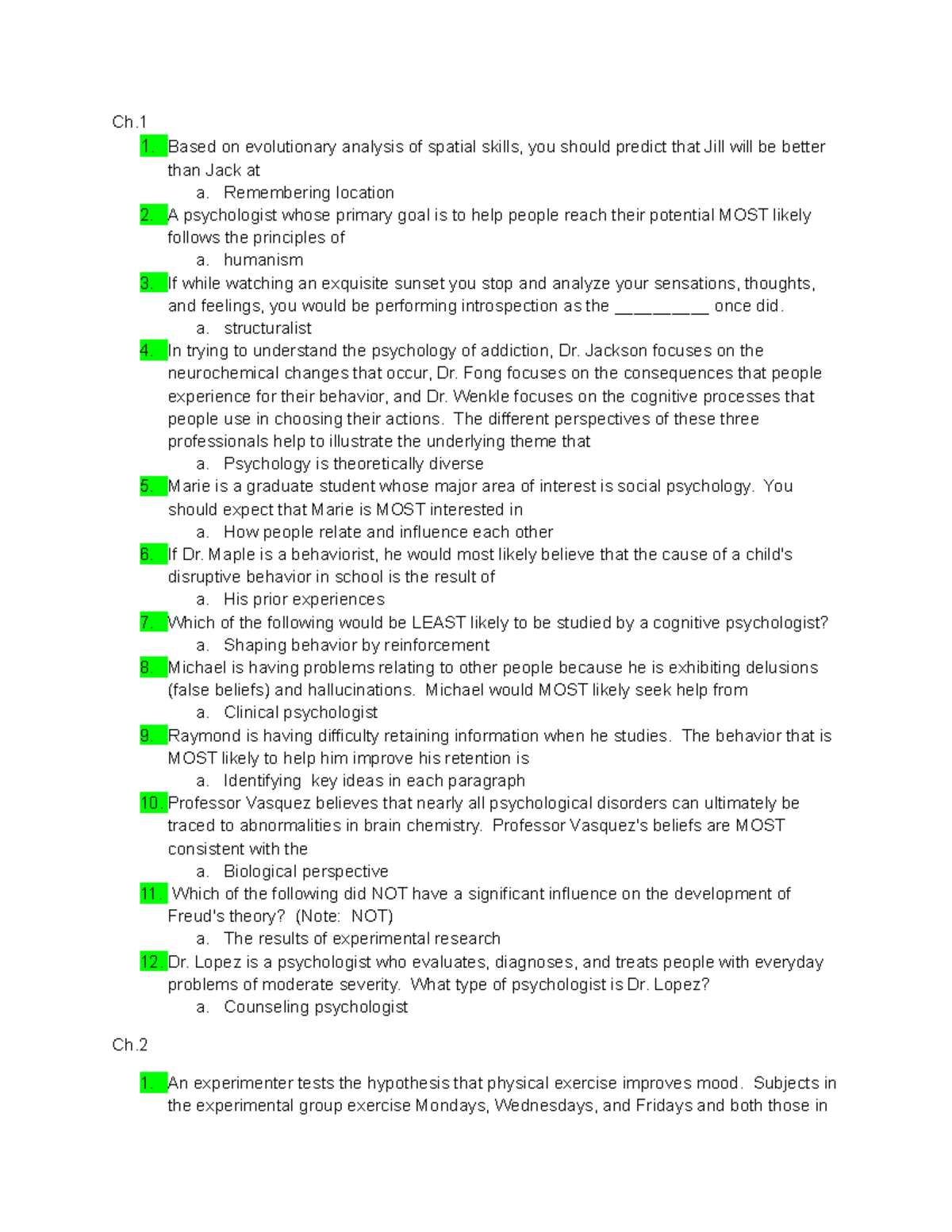 PSY 101 Exam #1 - PSY111 Practice Questions - Ch. 1. Based On ...