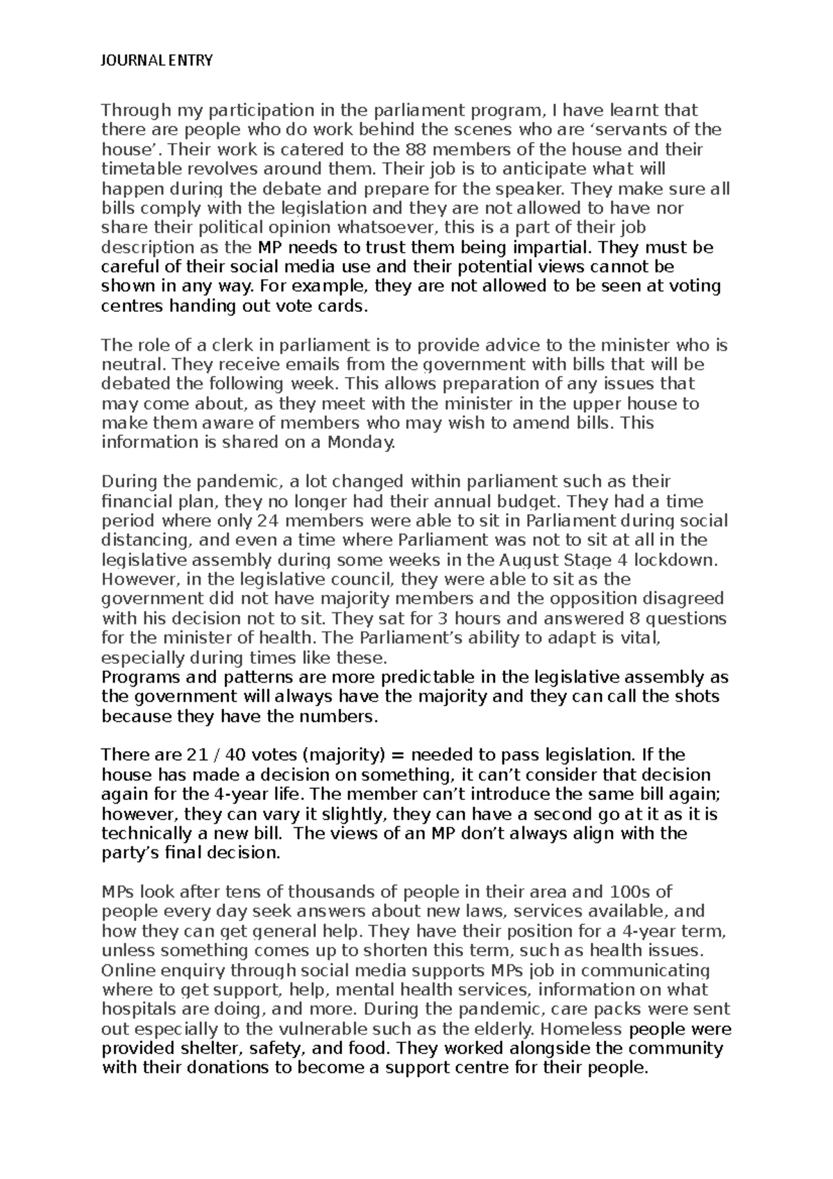 Journal Entry 1 - Parliament Program - JOURNAL ENTRY Through my ...