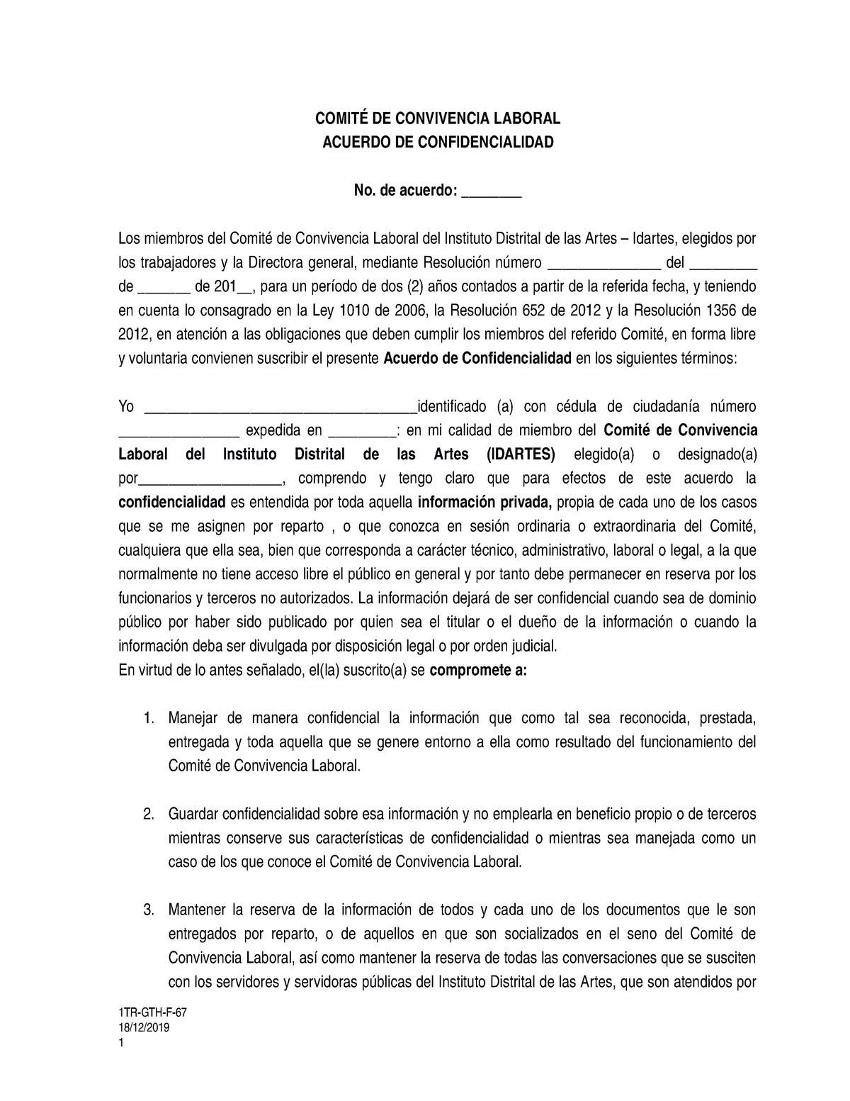 67. Formato Acuerdo de confidencialidad Comité de convivencia laboral -  COMITÉ DE CONVIVENCIA - Studocu