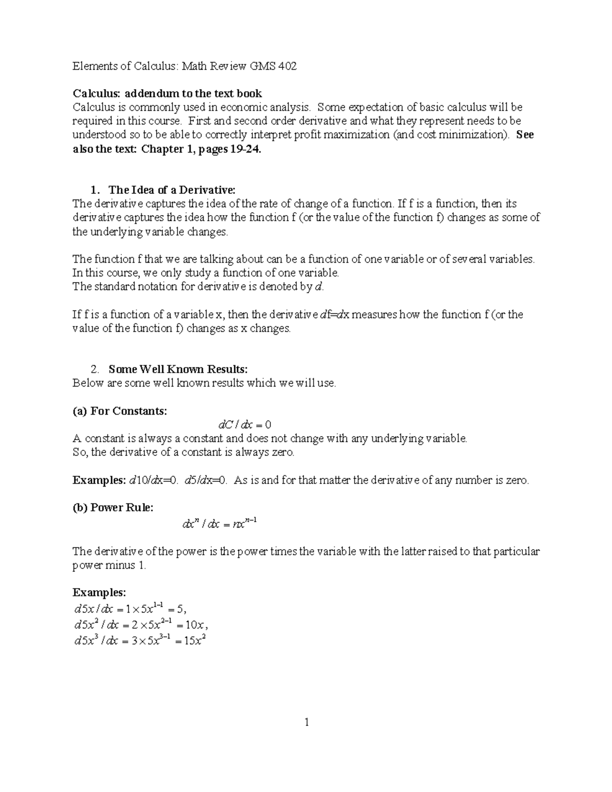 Formulas - 1 Elements of Calculus: Math Review GMS 402 Calculus ...