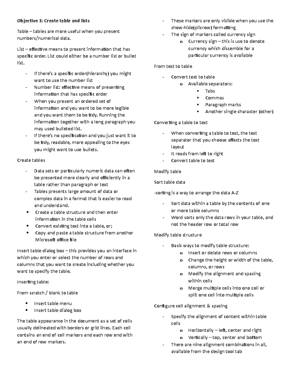 Objective 3 and 4 - kkkk - Objecive 3: Create table and lists Table ...