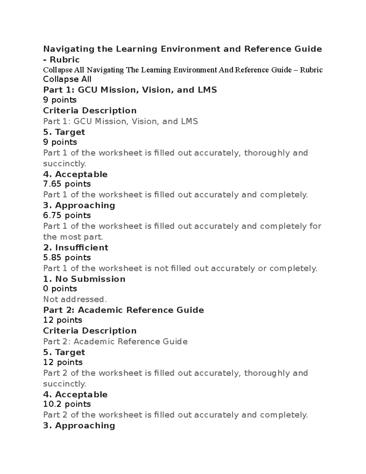Rubric for Navigating worksheet - **Navigating the Learning Environment ...