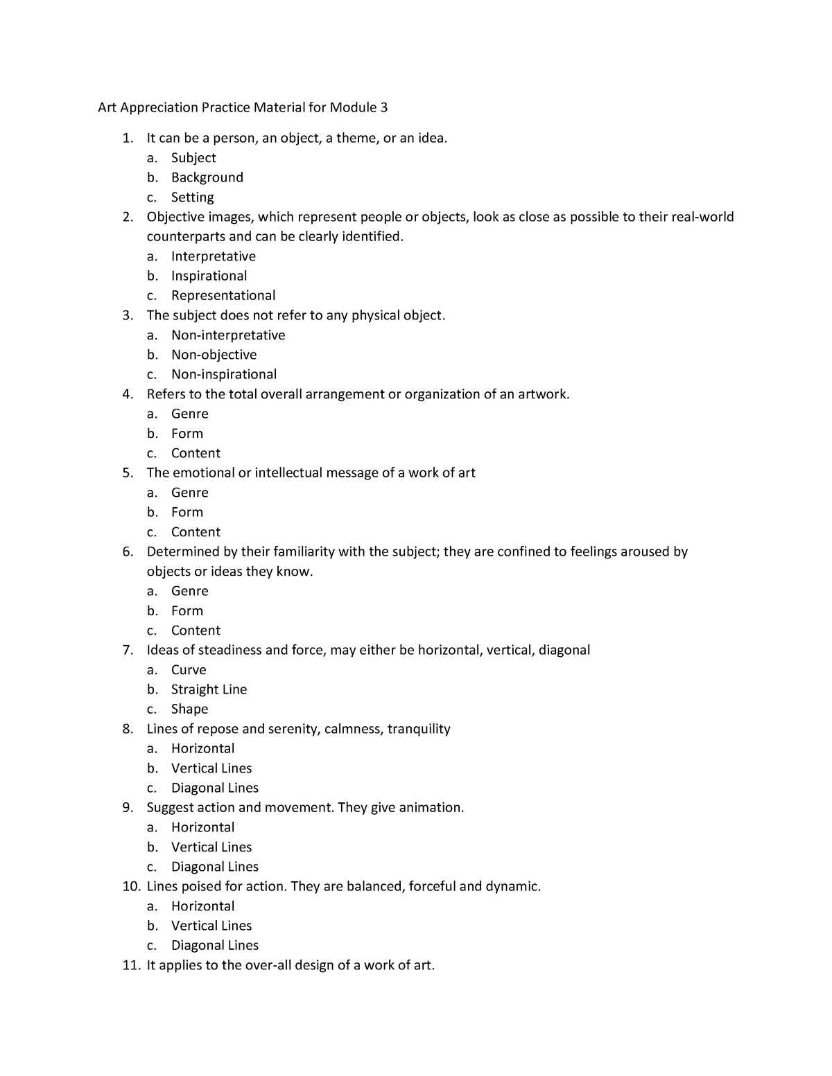 Art Appreciation Practice Material For Module 3 - A. Subject B ...