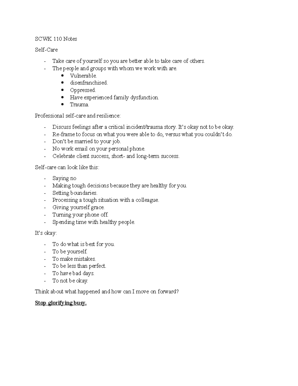 SCWK 110 Notes Self-care - SCWK 110 Notes Self-Care Take care of ...