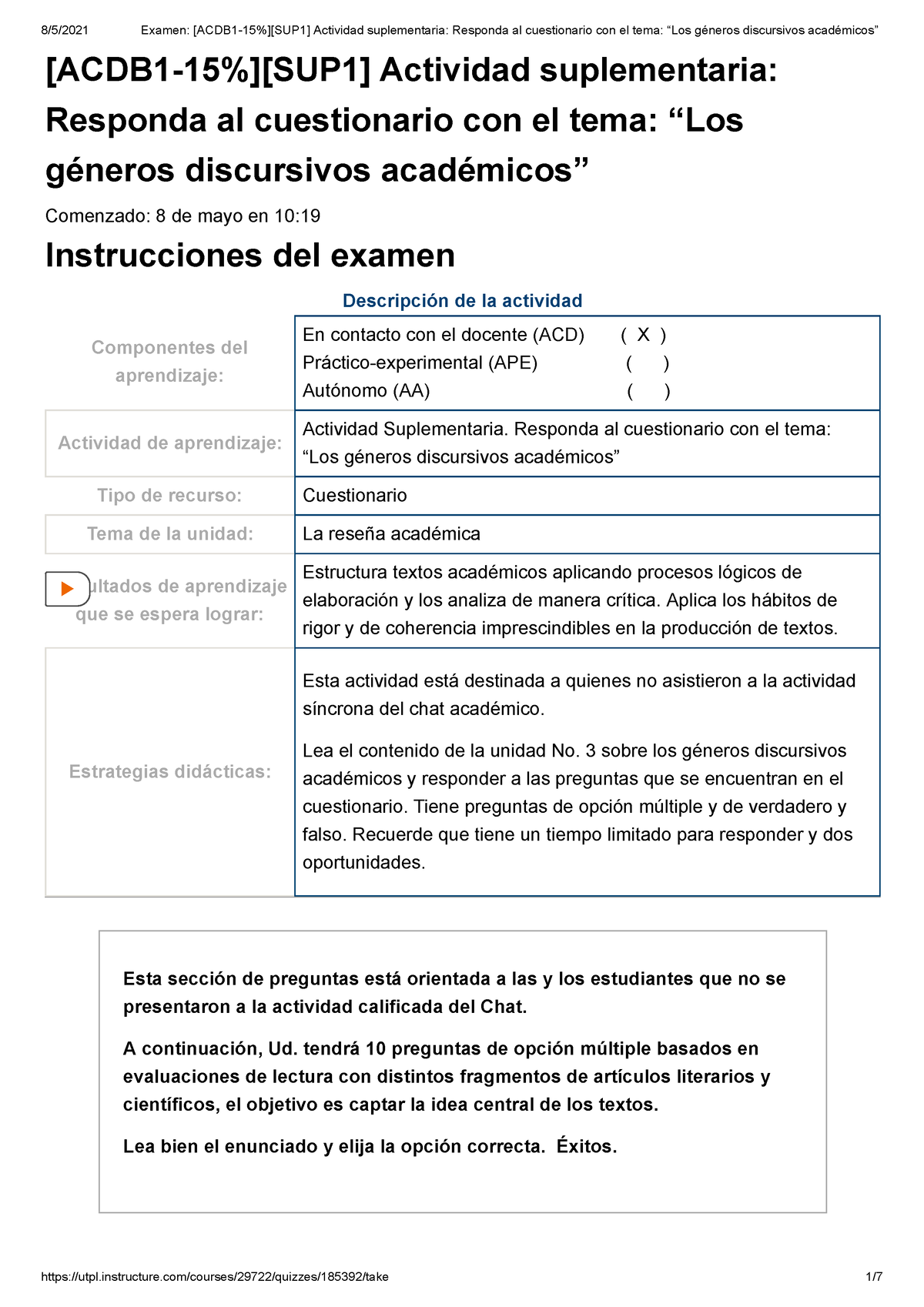 Examen [ACDB 1-15%][SUP 1] Actividad Suplementaria Responda Al ...