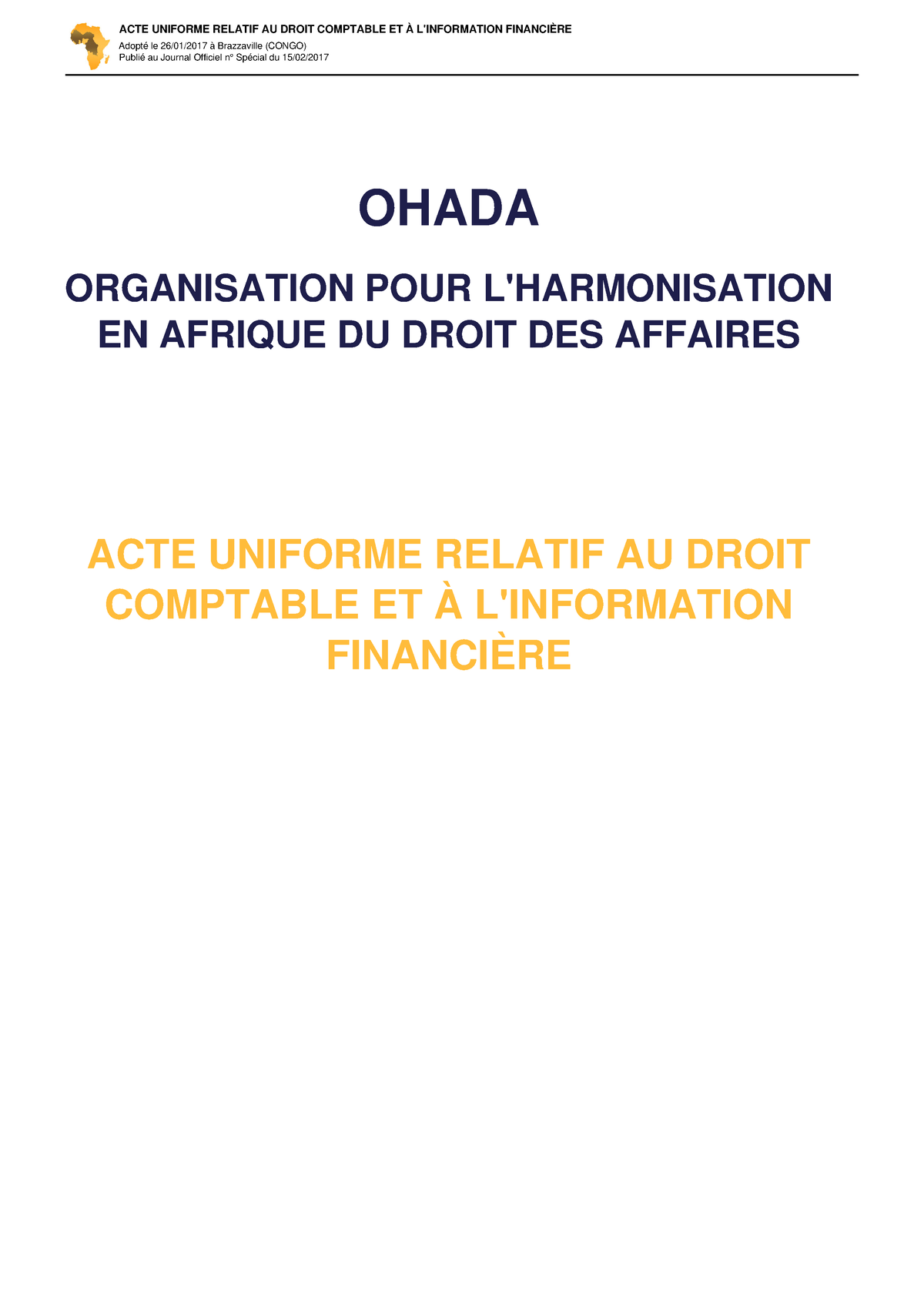 Audcif-2017 Fr - ACTE DE L'OHADA - Adopté Le 26/01/2017 à Brazzaville ...