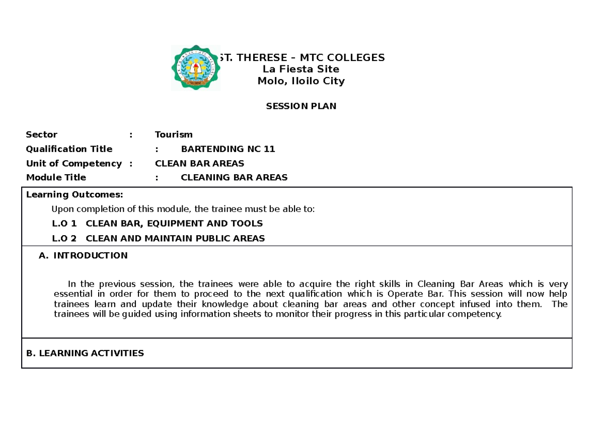 Session-PLAN Sample - ST. THERESE – MTC COLLEGES La Fiesta Site Molo ...