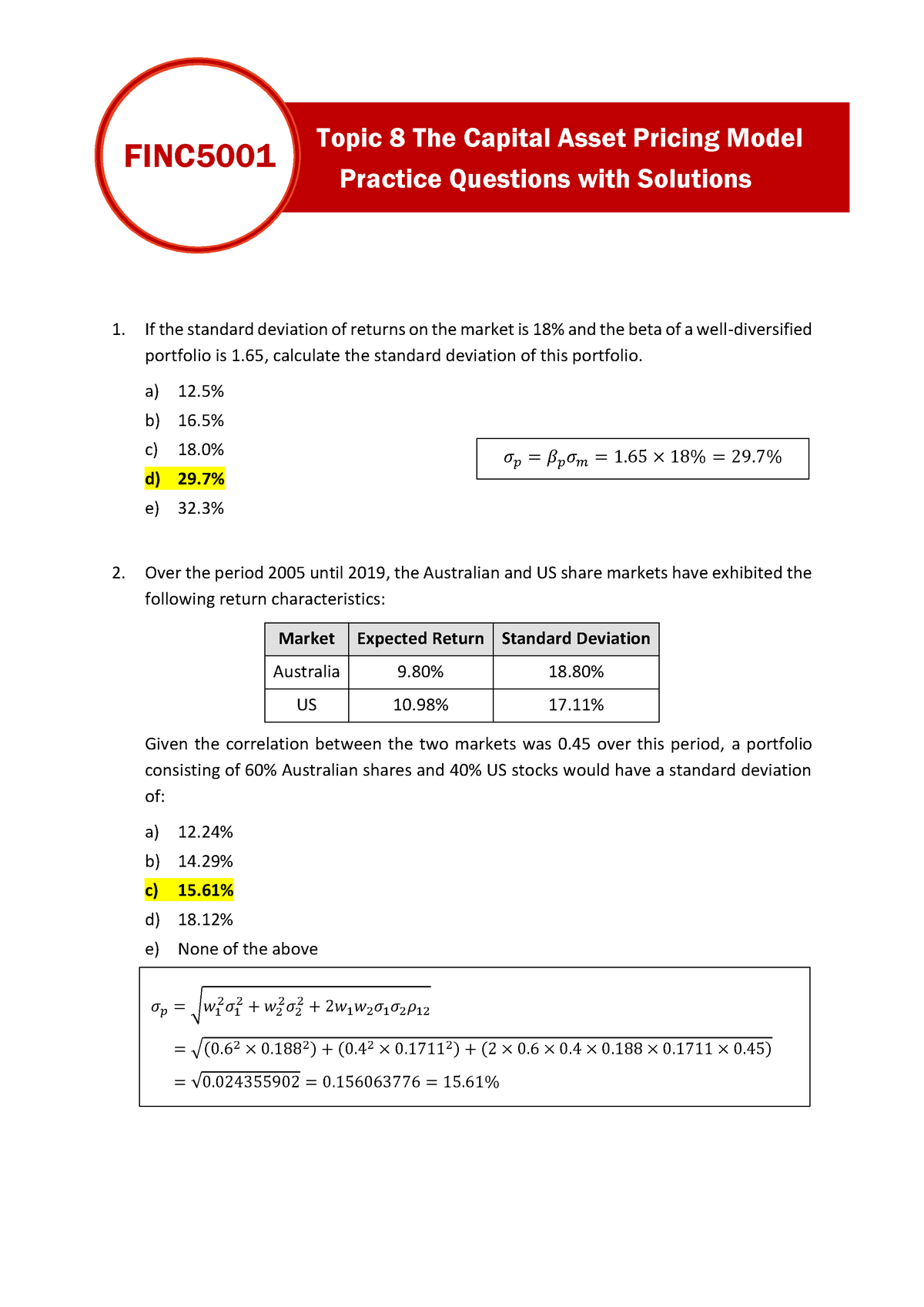 Topic 8 Practice Questions With Solutions - Topic 8 The Capital Asset ...