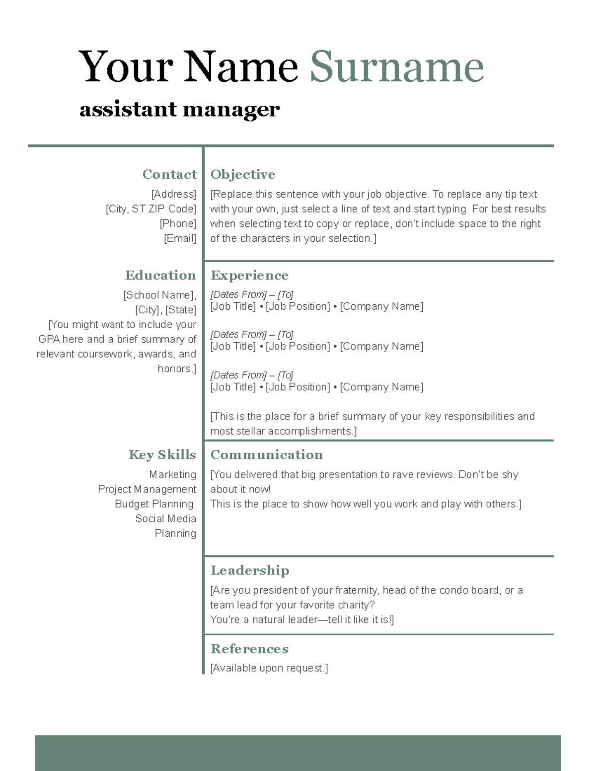 Resume Format - Your Name Surname assistant manager Contact [Address ...