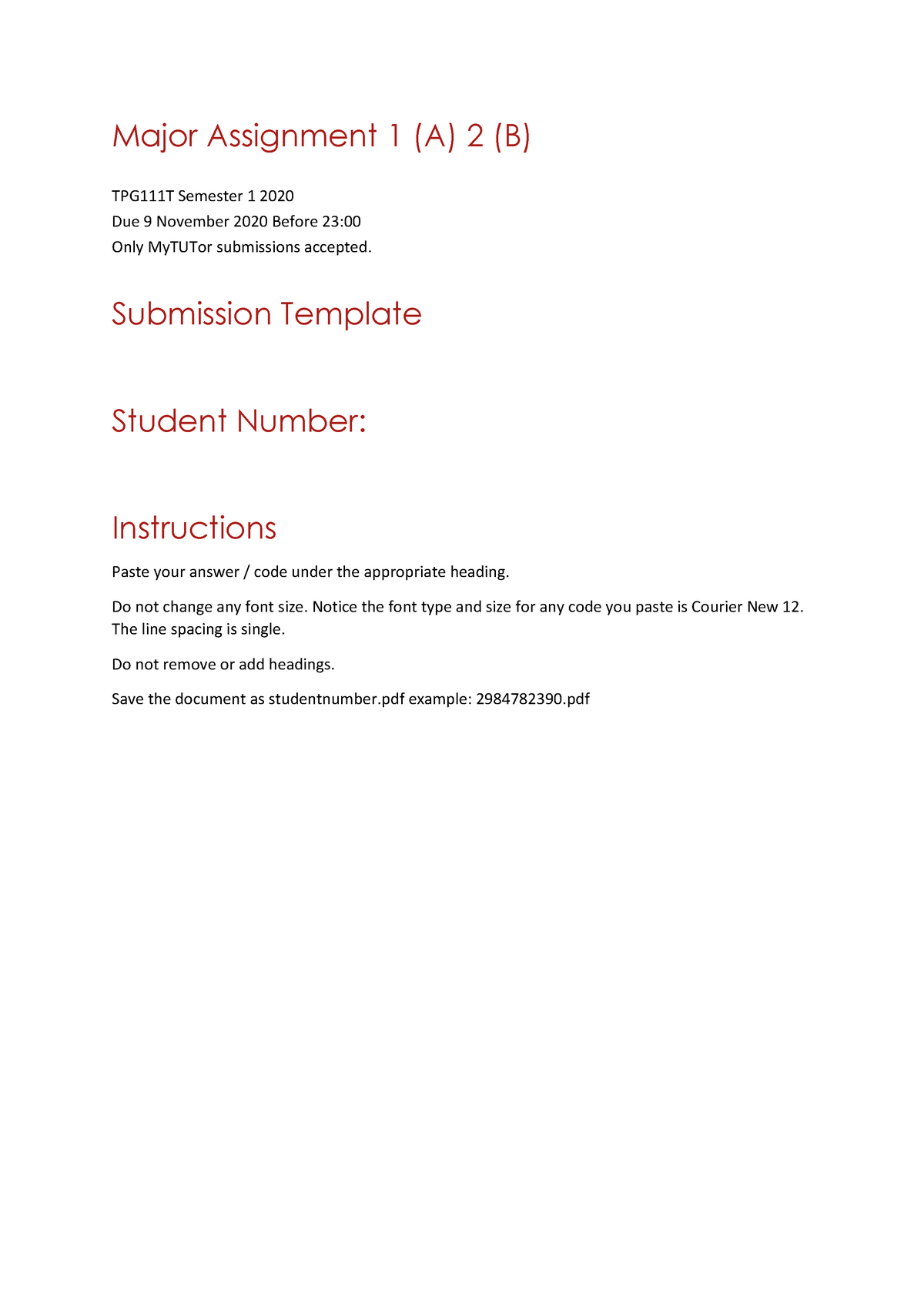 Major Assignmnet 1and2MEMO - Major Assignment 1 (A) 2 (B) TPG111T ...