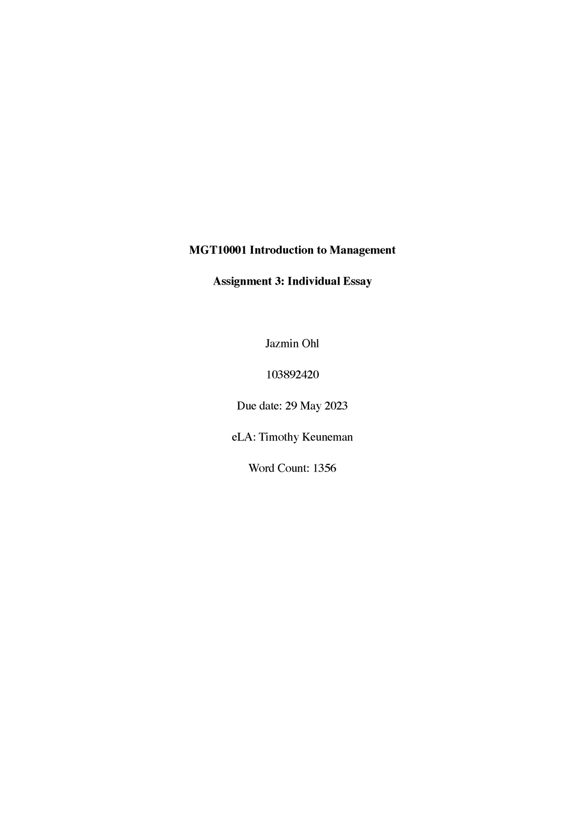 mgt10001 introduction to management assignment 3 individual essay