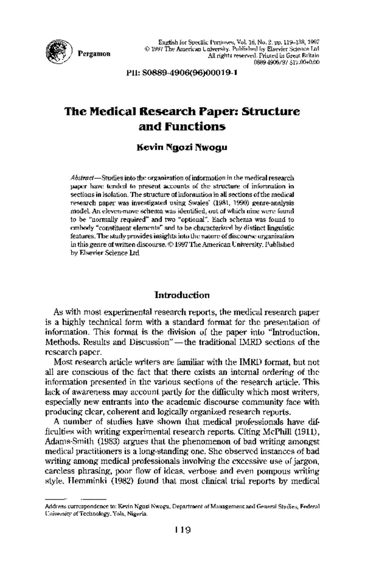 Nwogu - Nothing - Pergamon English for SpecificPurposes, Vol. 16, No. 2 ...