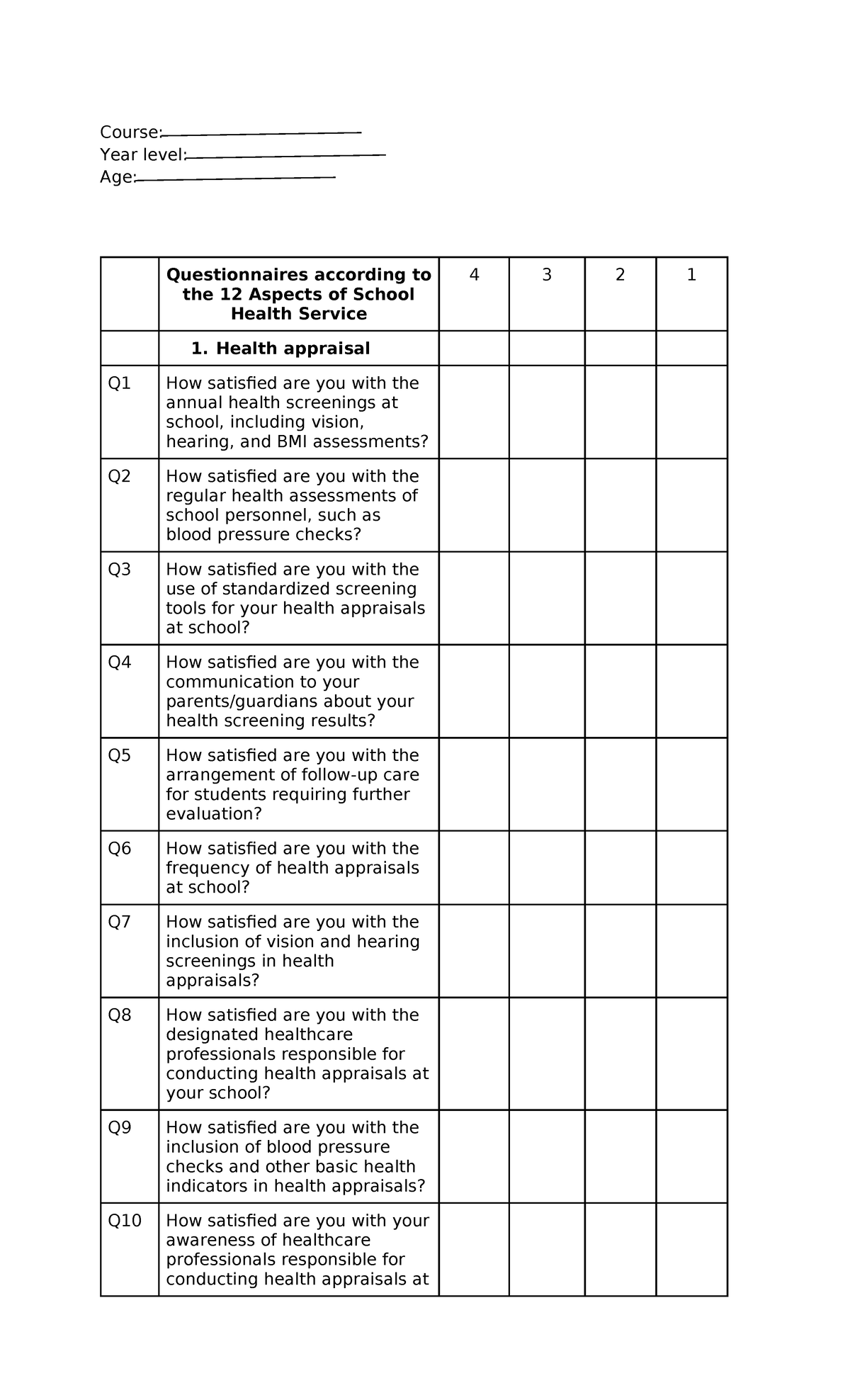 Research Questionnaires Revised - Course: Year level: Age ...