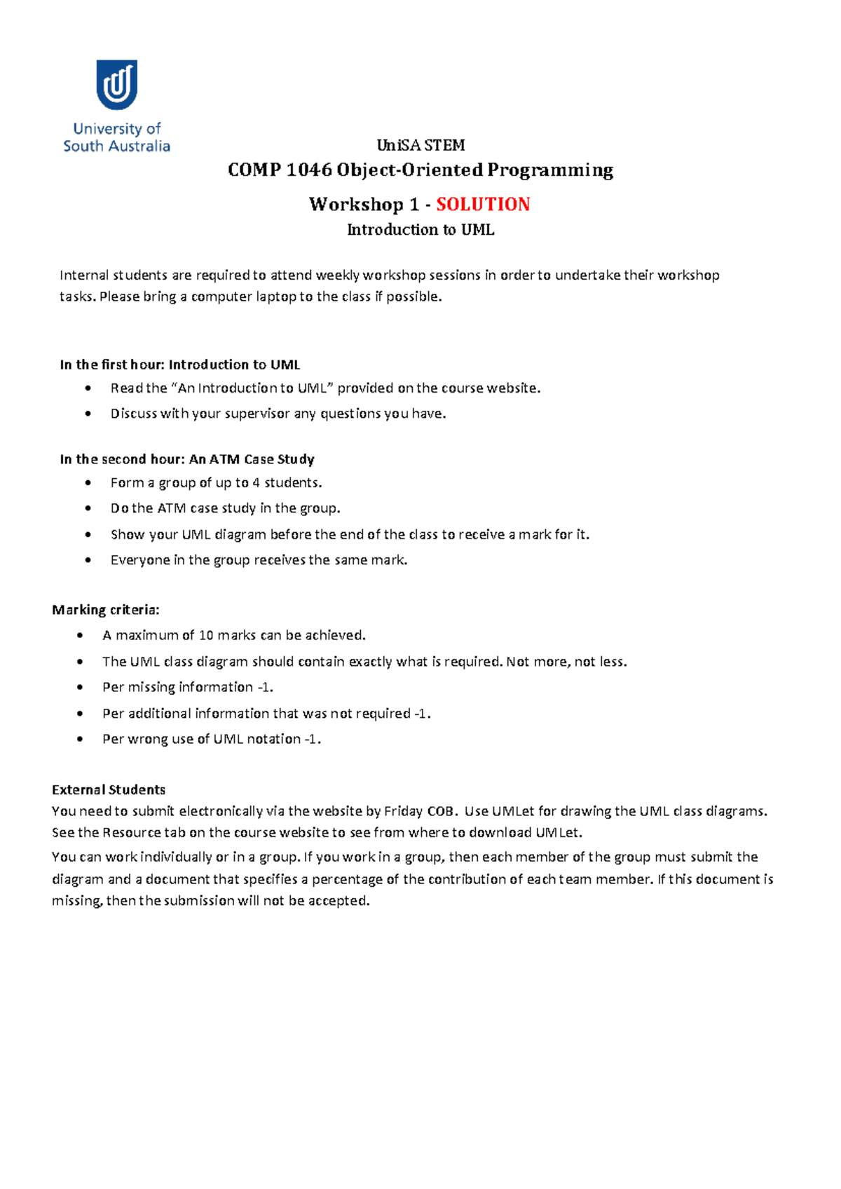 COMP 1046 WS 01 UMLExercise SOL - UniSA STEM COMP 10 46 Object-Oriented ...