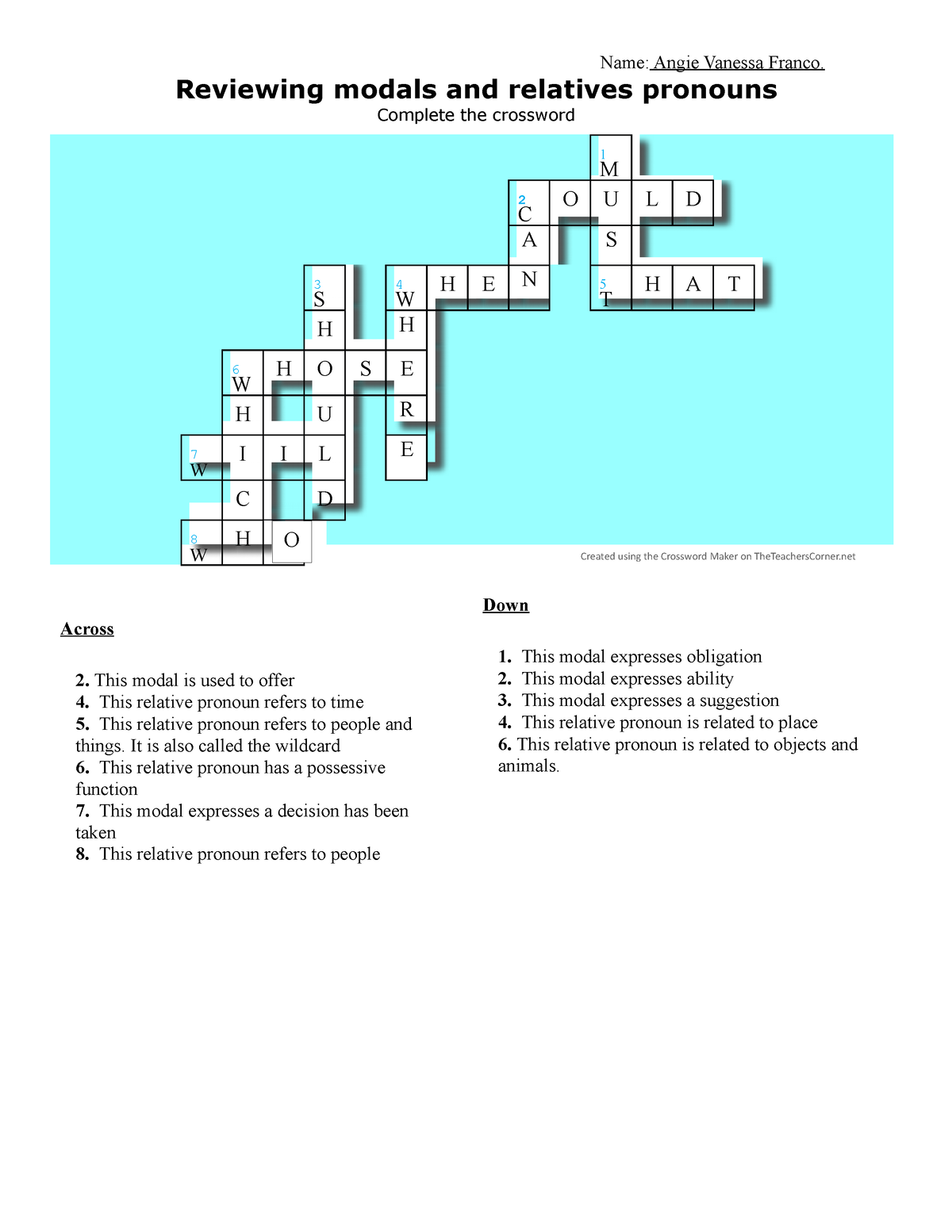 Angie Franco Crossword relative clauses Created using the Crossword