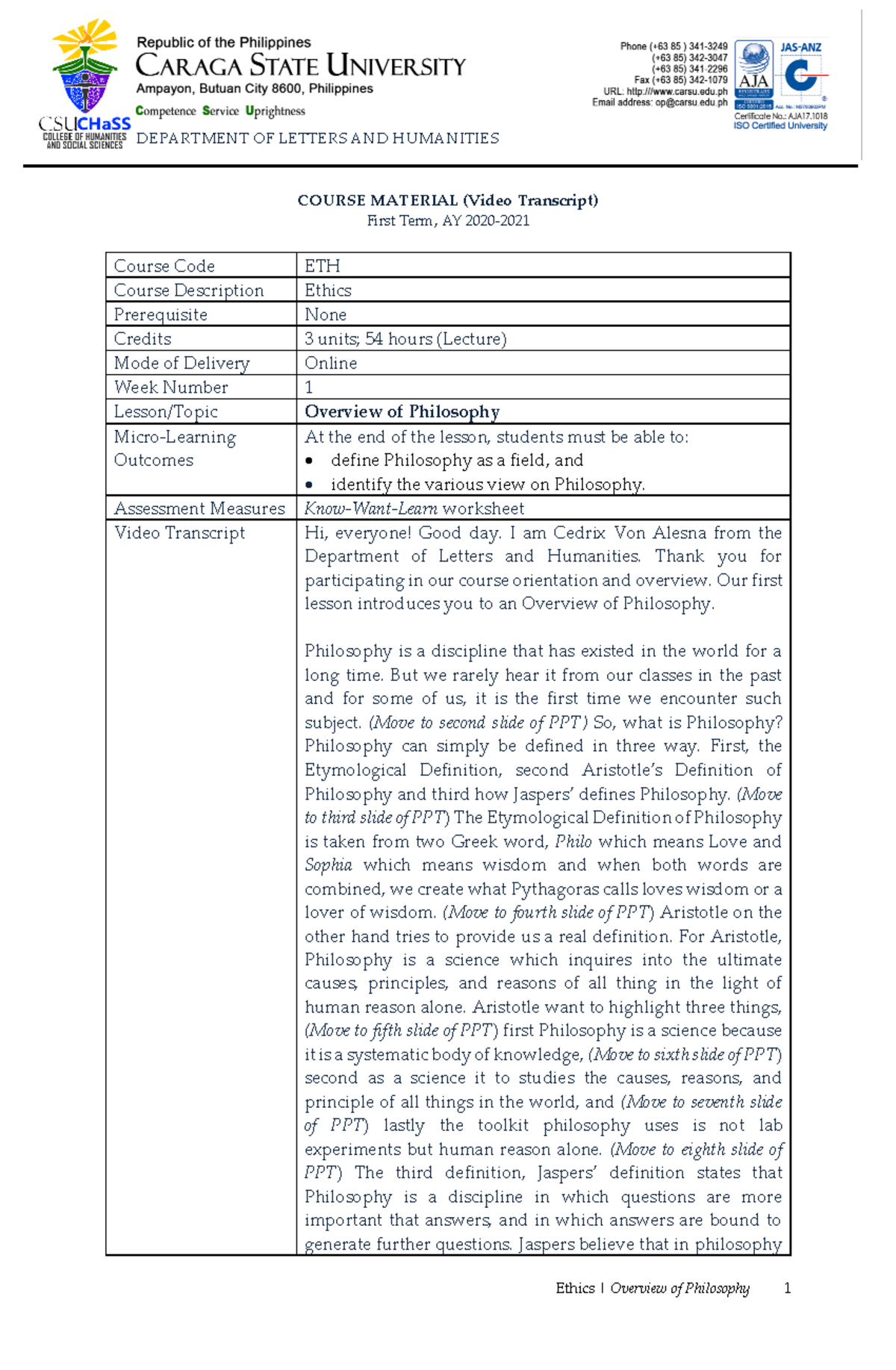 Week 1.1. Script - N/A - Ethics | Overview of Philosophy 1 DEPARTMENT ...
