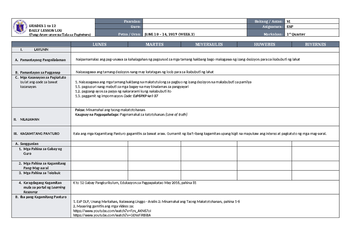 DLL ESP 6 Q1 W2 - DLL ESP 6 Q1 W2 - GRADES 1 to 12 DAILY LESSON LOG ...