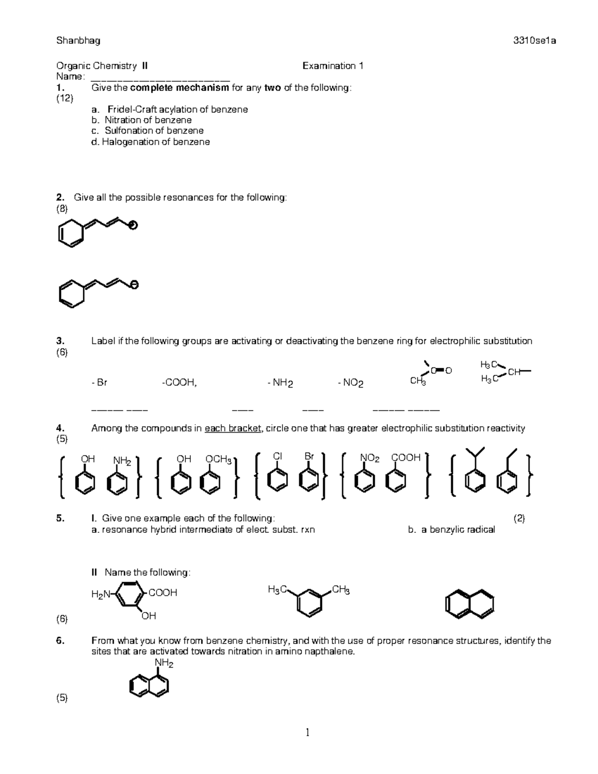 Practice Test1 - Shanbhag 3310se1a 1 Organic Chemistry Ii Examination 1 