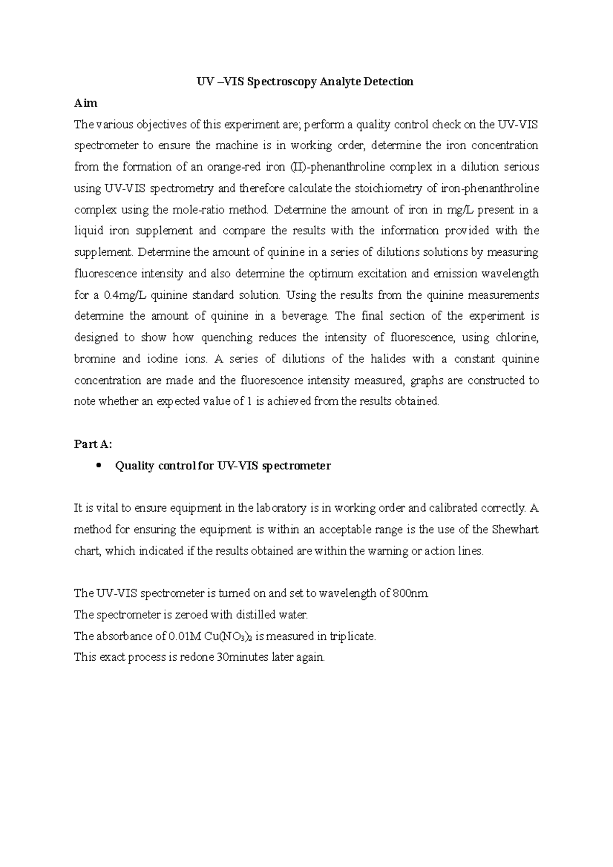 UVVIS Spectroscopy Lab report of the detection of analytes from
