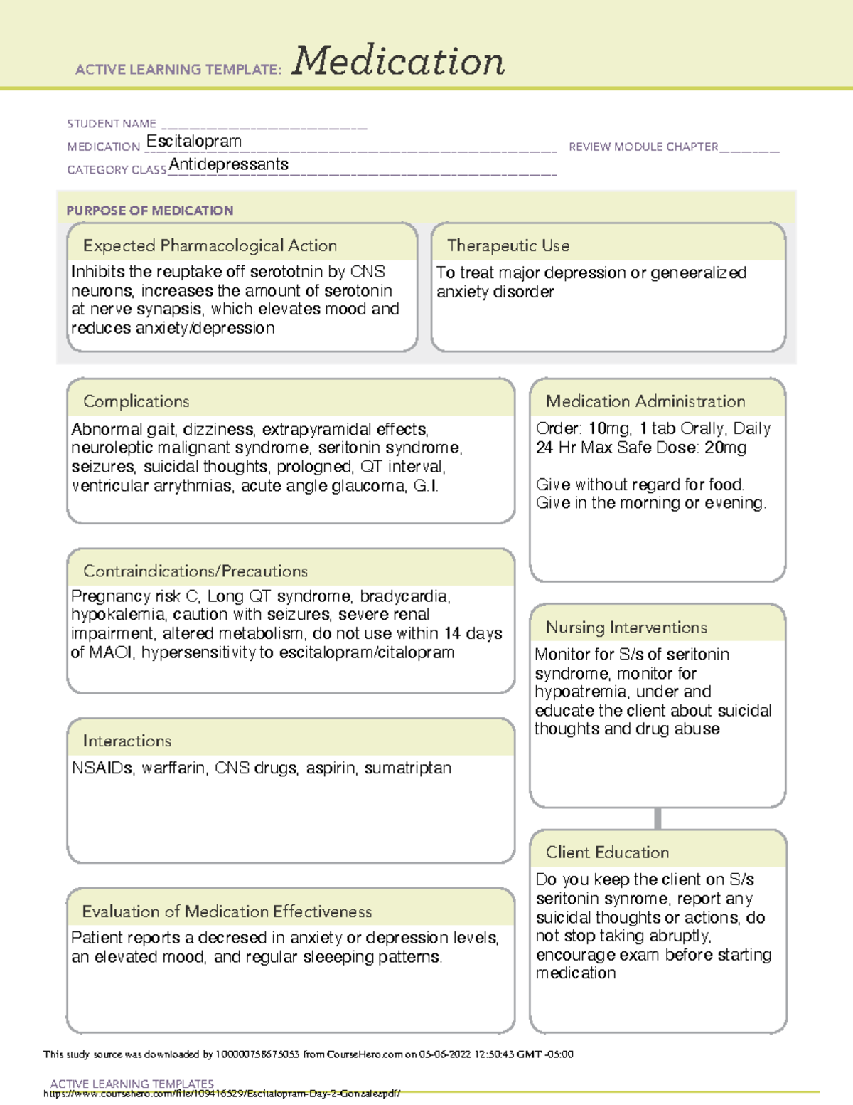 Escitalopram Day 2 Gonzalez - ACTIVE LEARNING TEMPLATES Medication ...