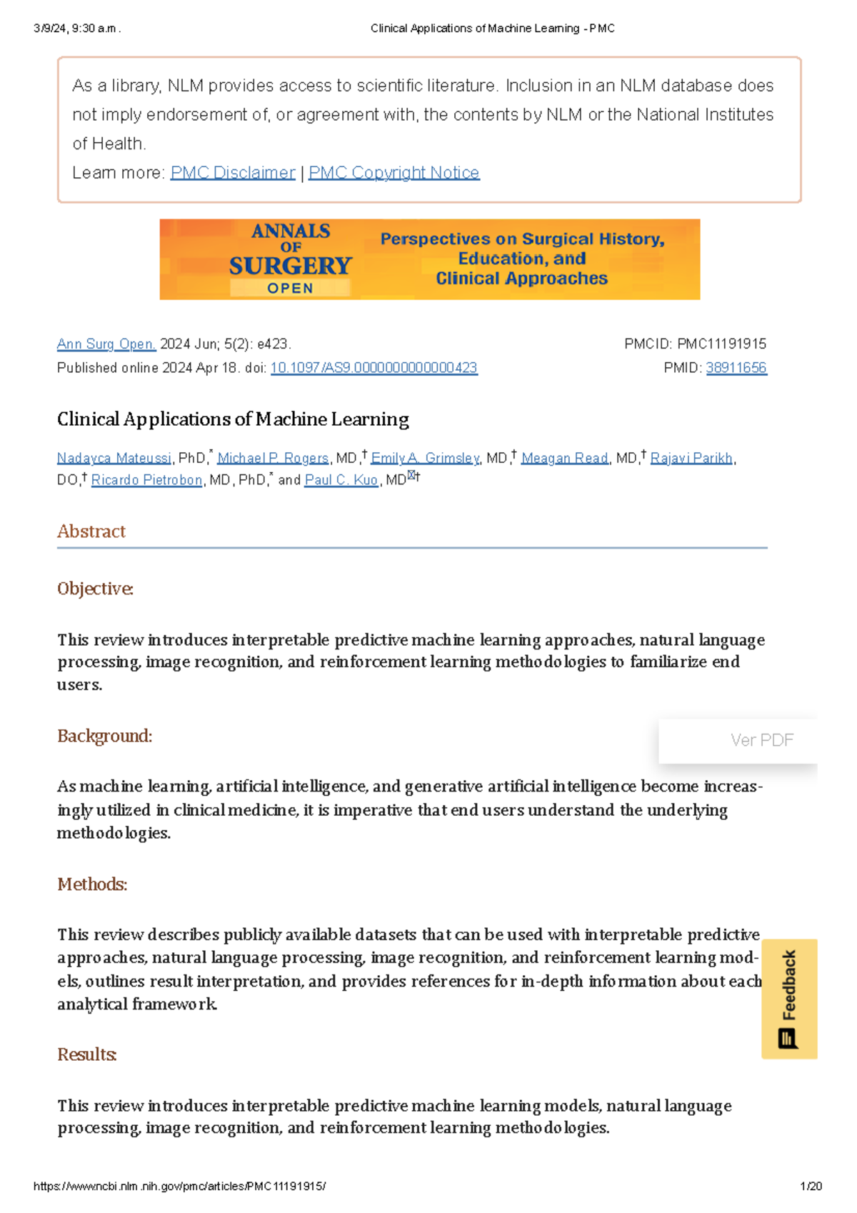 Clinical Applications of Machine Learning - PMC - As a library, NLM ...