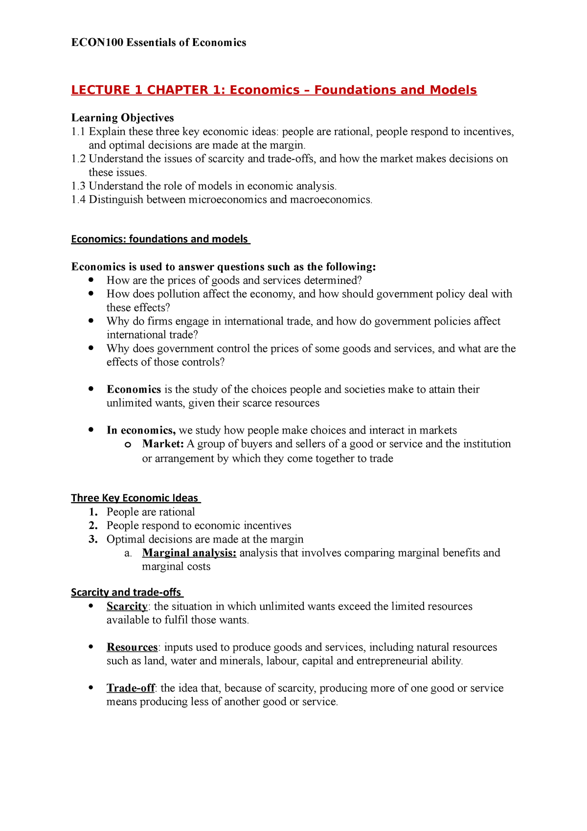 ECON100 Full Study Notes, ECON100 - Economic Essentials for Business - UOW