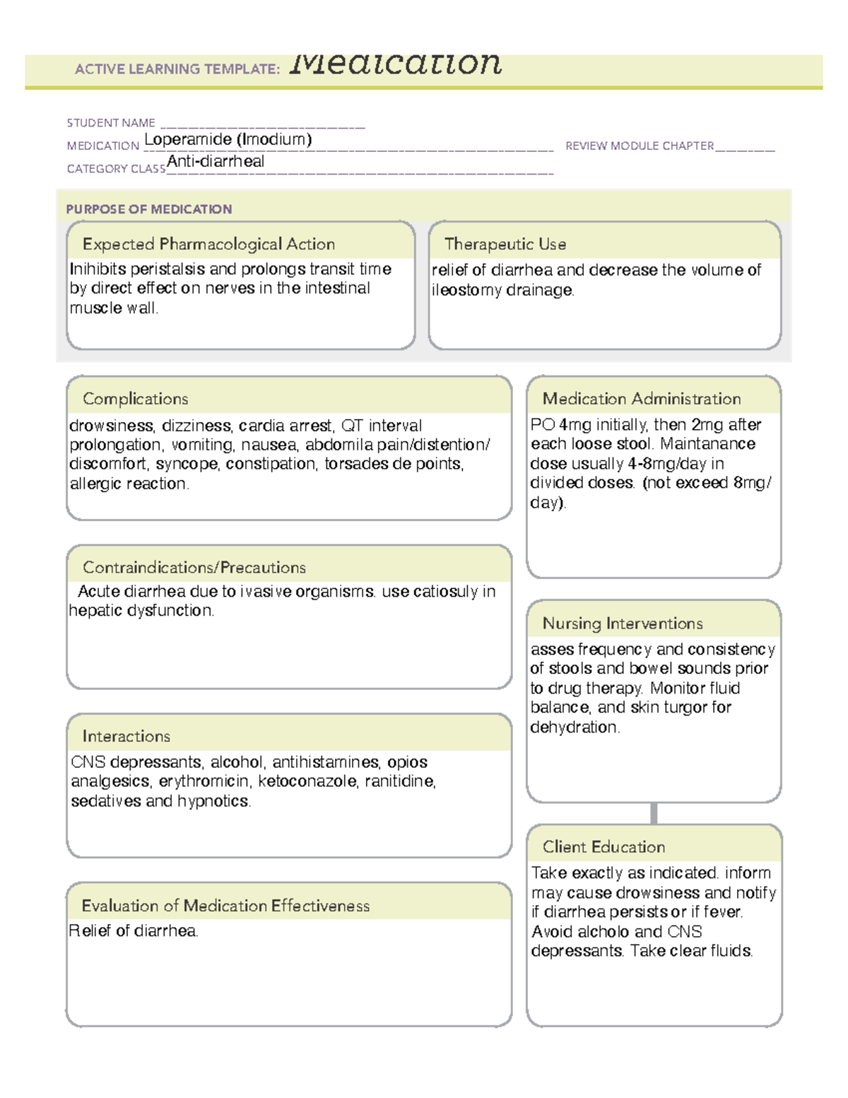 Loperamide - ATI med templates done by the book - Medication STUDENT ...