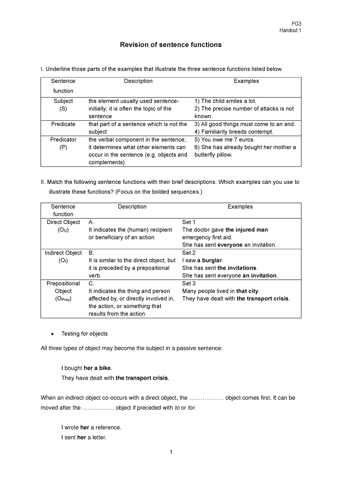 Handout 1 - Revision of sentence functions - Underline those parts of ...